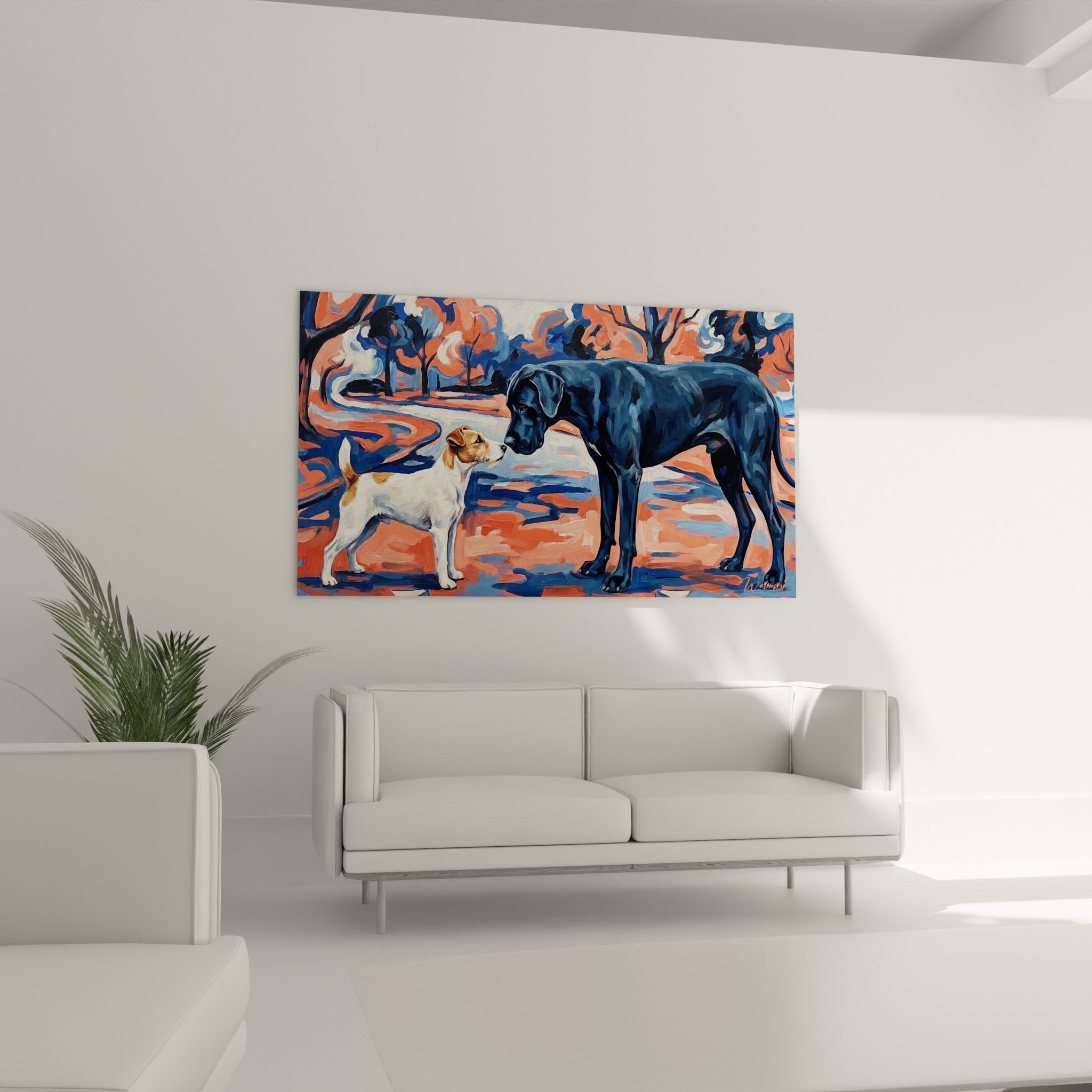 Détail peinture chiens interaction amicale couleurs vives technique picturale Fox Terrier