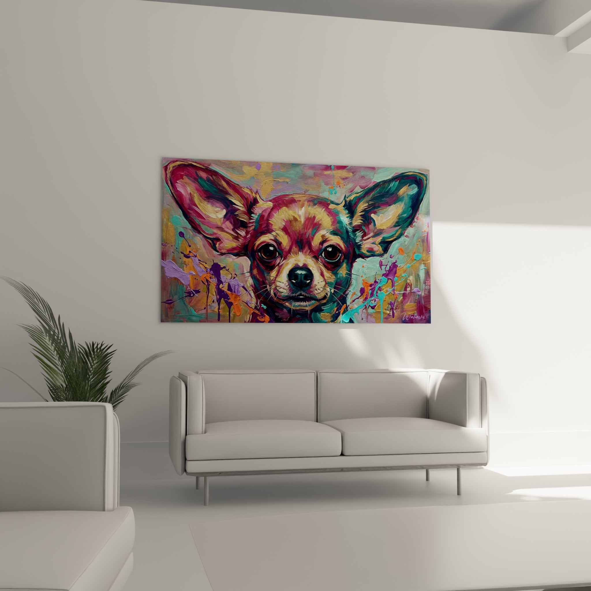 Detail Chihuahua Gemälde moderne Malerei leuchtende Farben Rosa Magenta Türkis malerische Texturen