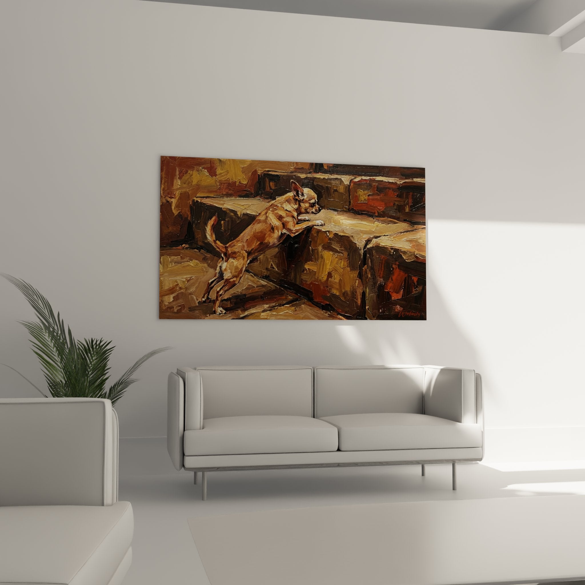 Detail peinture chihuahua fauve touches pinceau expressives pelage dore texture bois patine