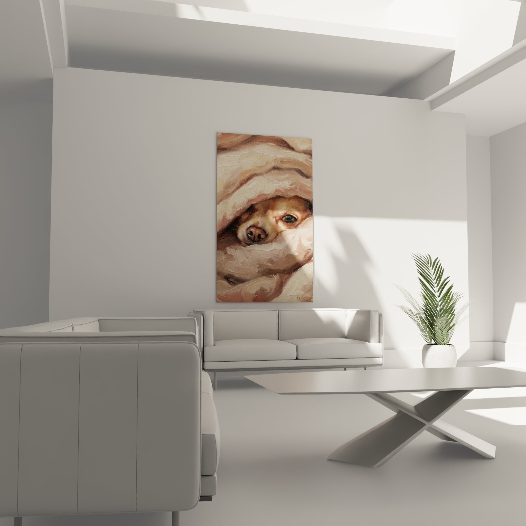 Detailaufnahme einer Chihuahua-Malerei in Goldtönen auf weichem rosa Stoff