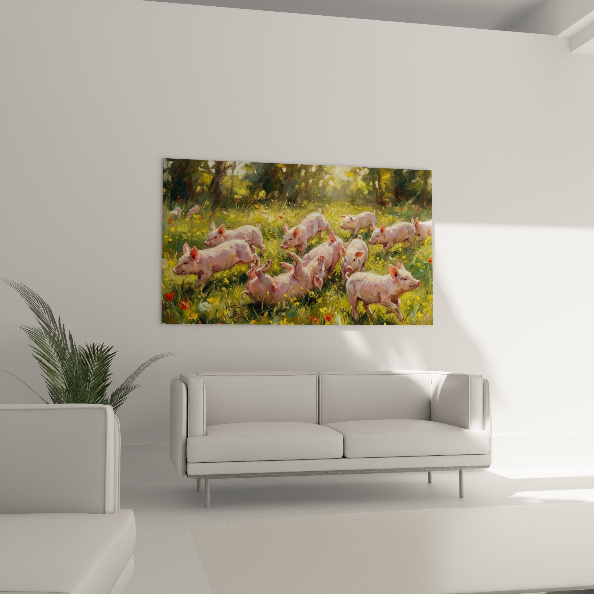 Detailansicht Gemälde rosa Schweine Wildkräuter Wildblumen impressionistische Technik freie Pinselstriche farbige Malweise