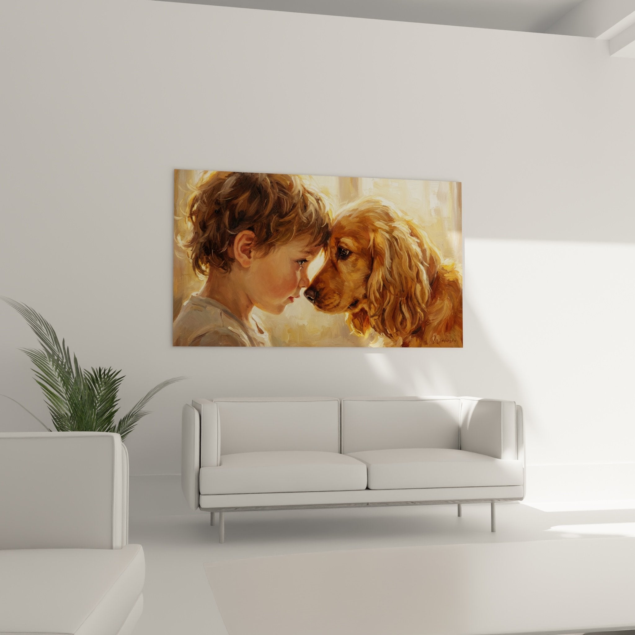 Détail tableau peinture enfant cocker anglais pelage roux textures soyeuses empâtements dorés