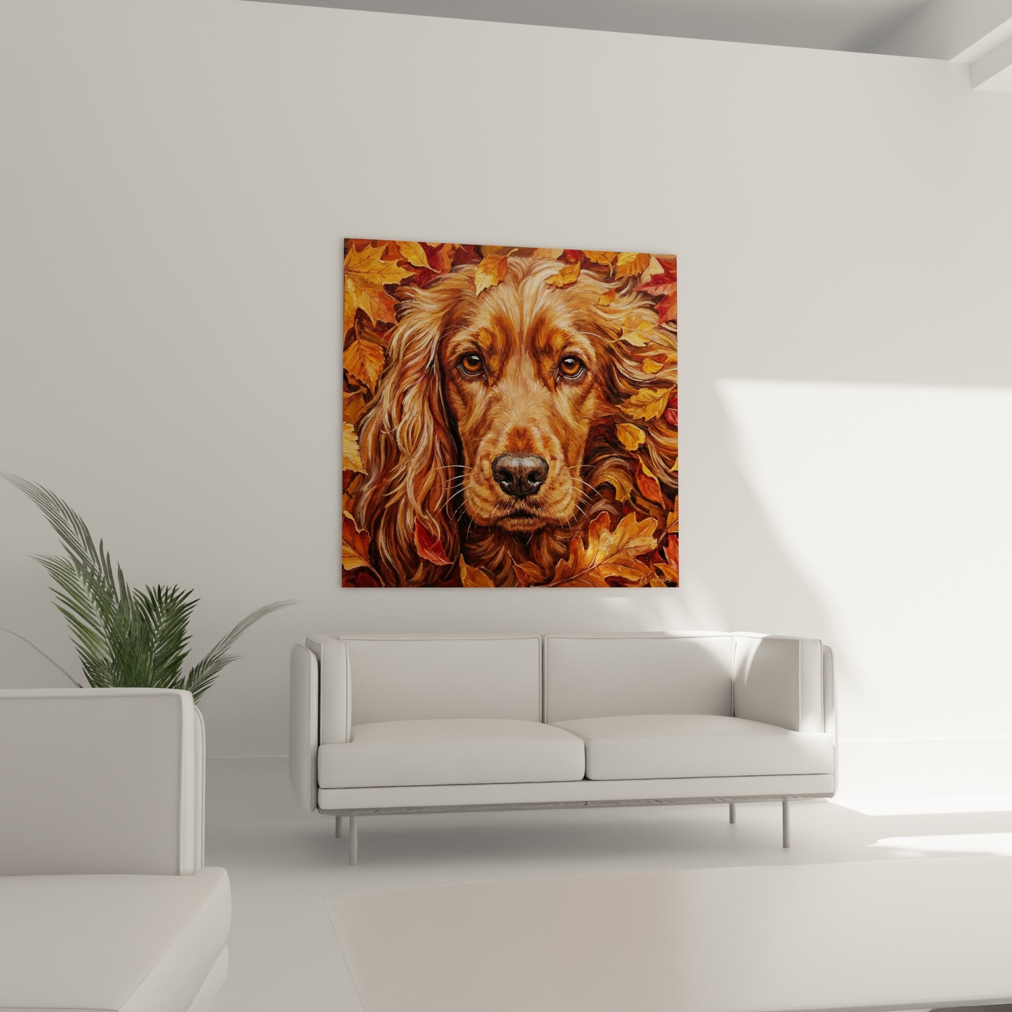 Détail peinture Cocker Anglais yeux ambrés pelage doré texture relief feuillage automnal