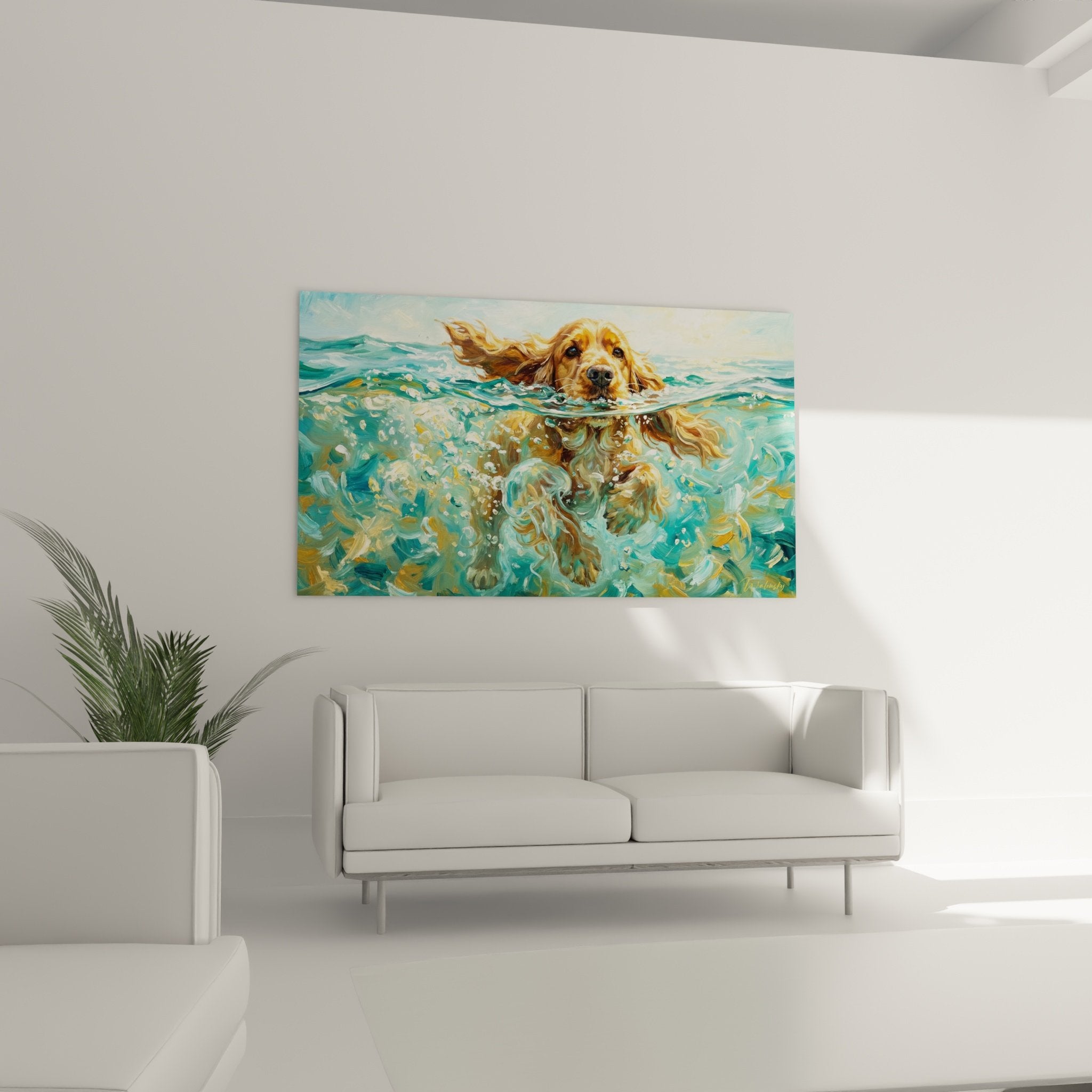 Detail peinture Cocker Anglais dans eau - technique picturale reflets turquoise et pelage roux dore