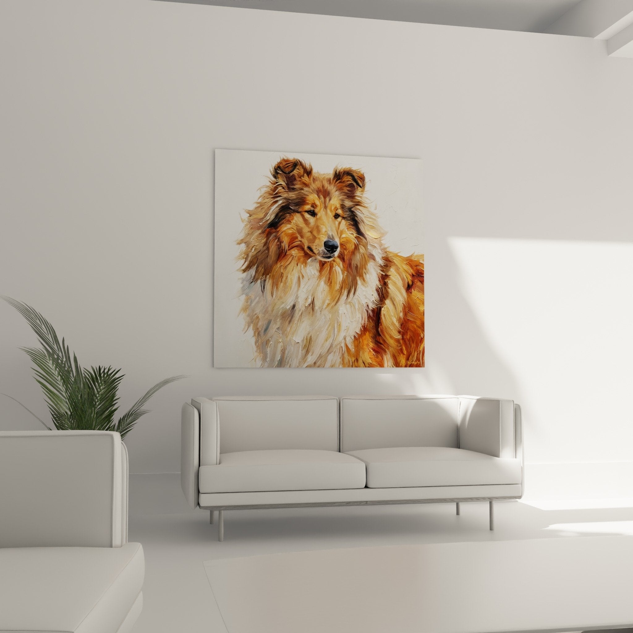 Detail du portrait de Collie montrant la texture du pelage dore et blanc avec technique de peinture expressive