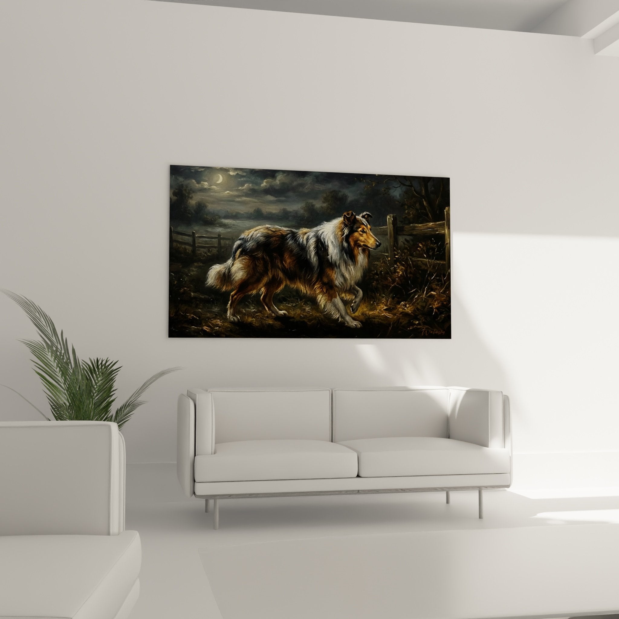 Detailaufnahme Gemälde tricolores Collie, falbfarben-weiß-schwarzes Fell, realistische Maltechnik Tierkunst