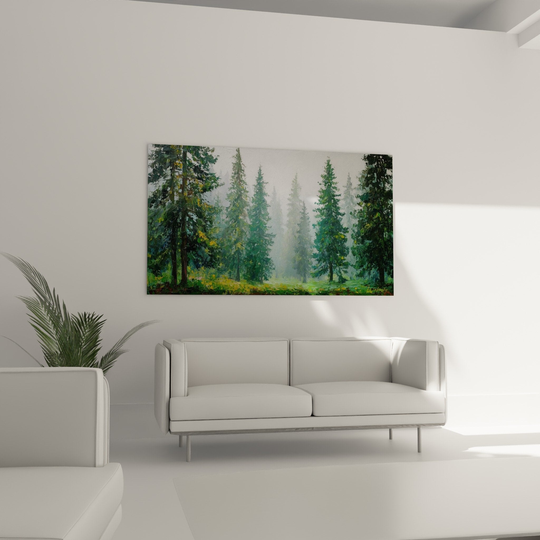 Textured painting detail with green conifers, gray mist, golden accents under wood, feng shui east wood style