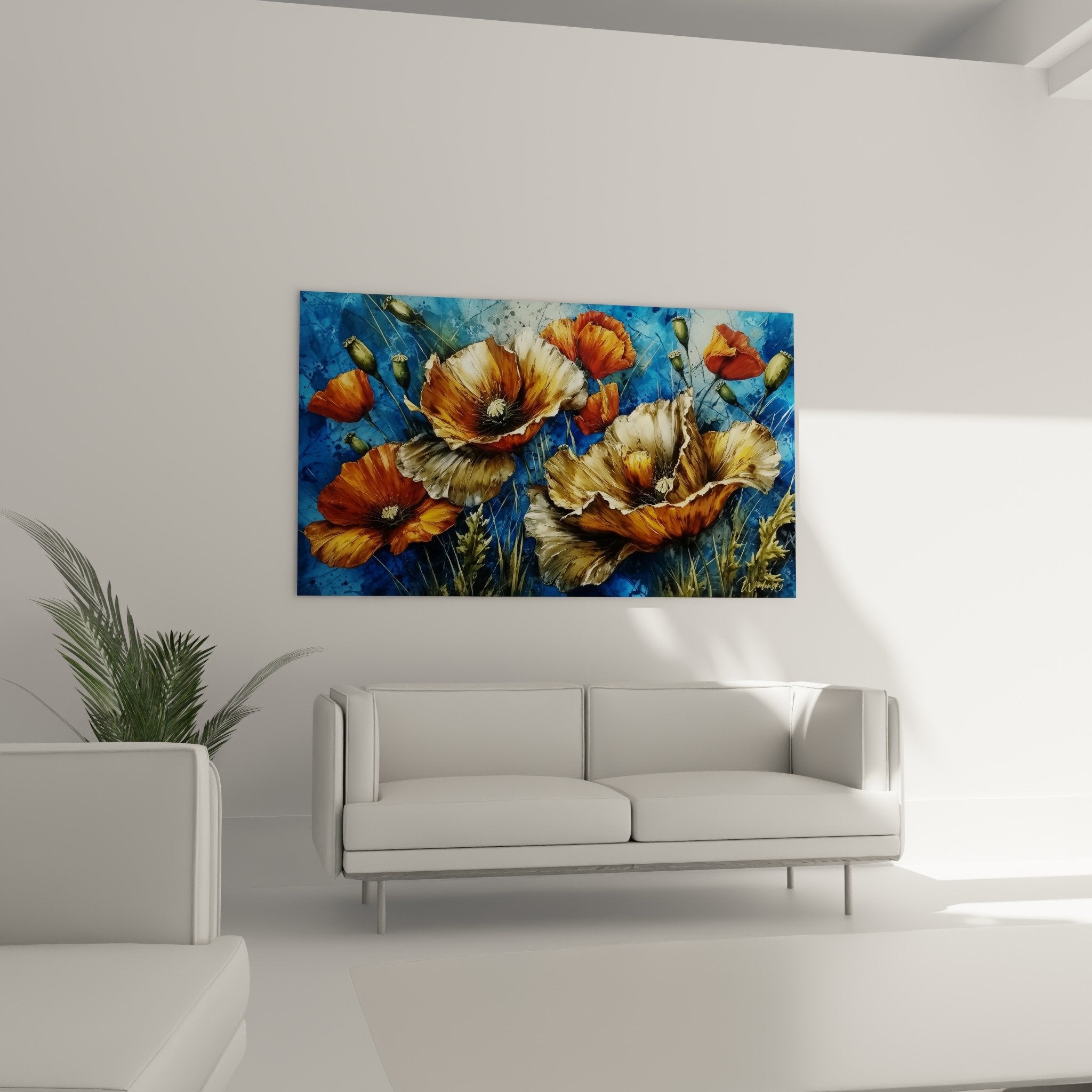 Poppy painting detail red orange petals with golden texture silky finish on deep blue background