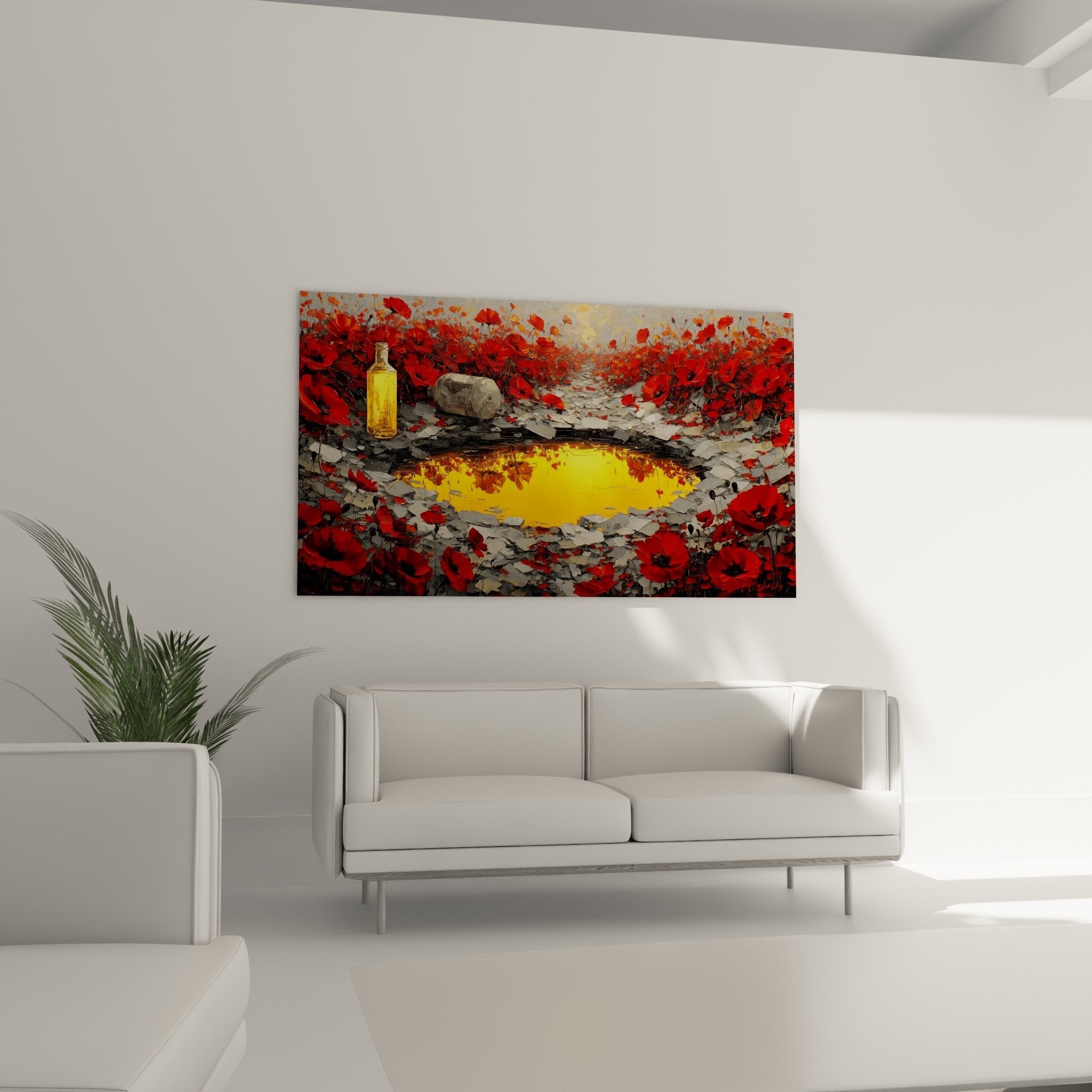 poppy painting detail textured relief artwork red vermillion golden yellow colors