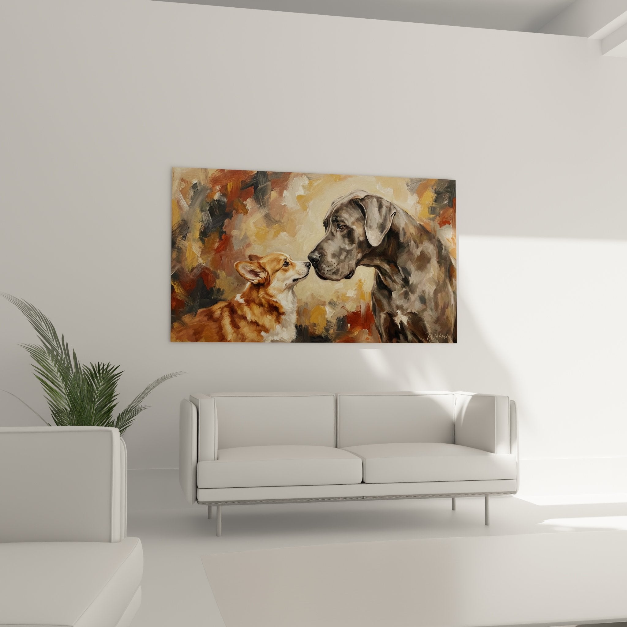 Détail peinture Corgi Pembroke roux, technique picturale expressive, coups de pinceau visibles