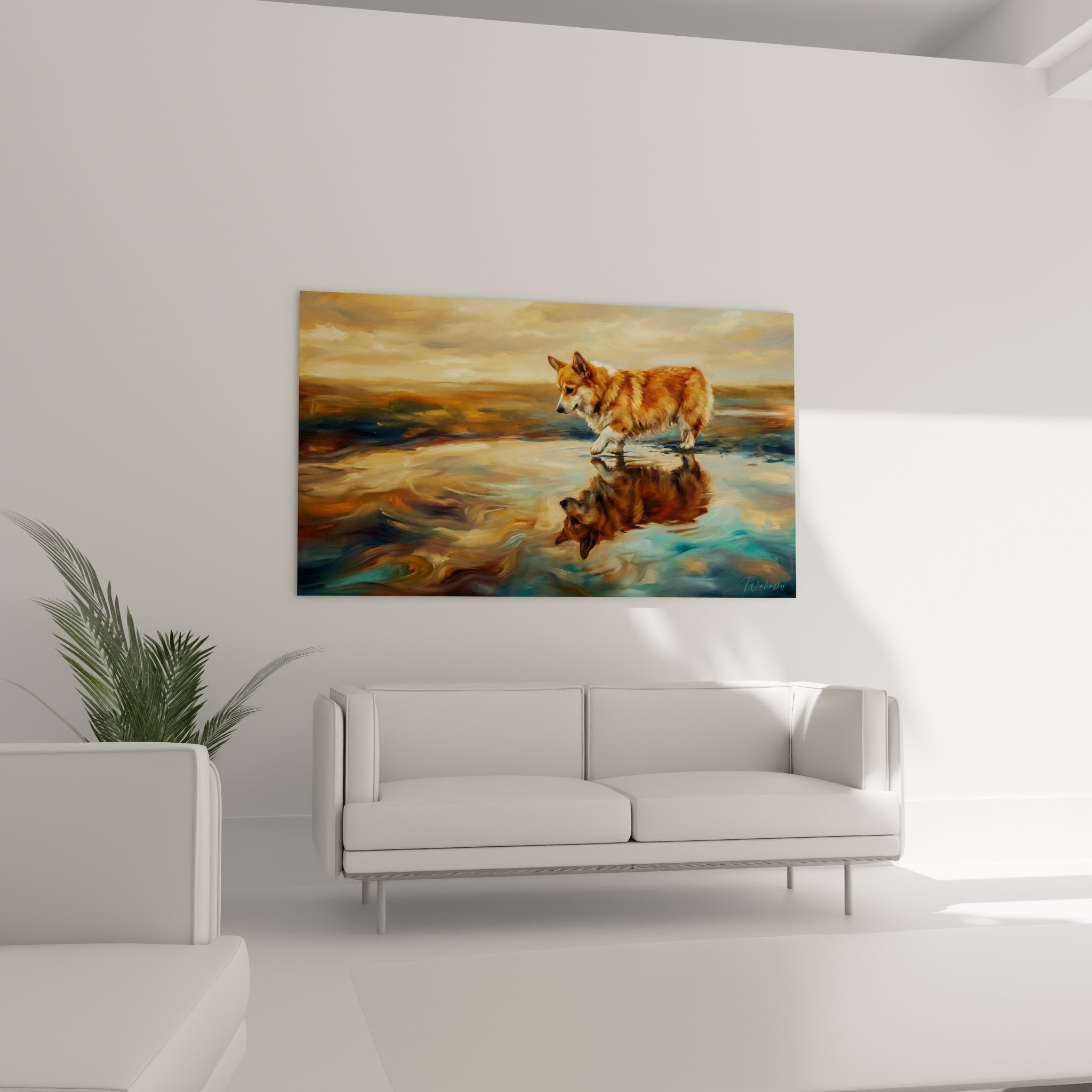 Detail Gemälde roter Corgi Wasserreflex ausdrucksstarke Pinsselstriche Maltechnik