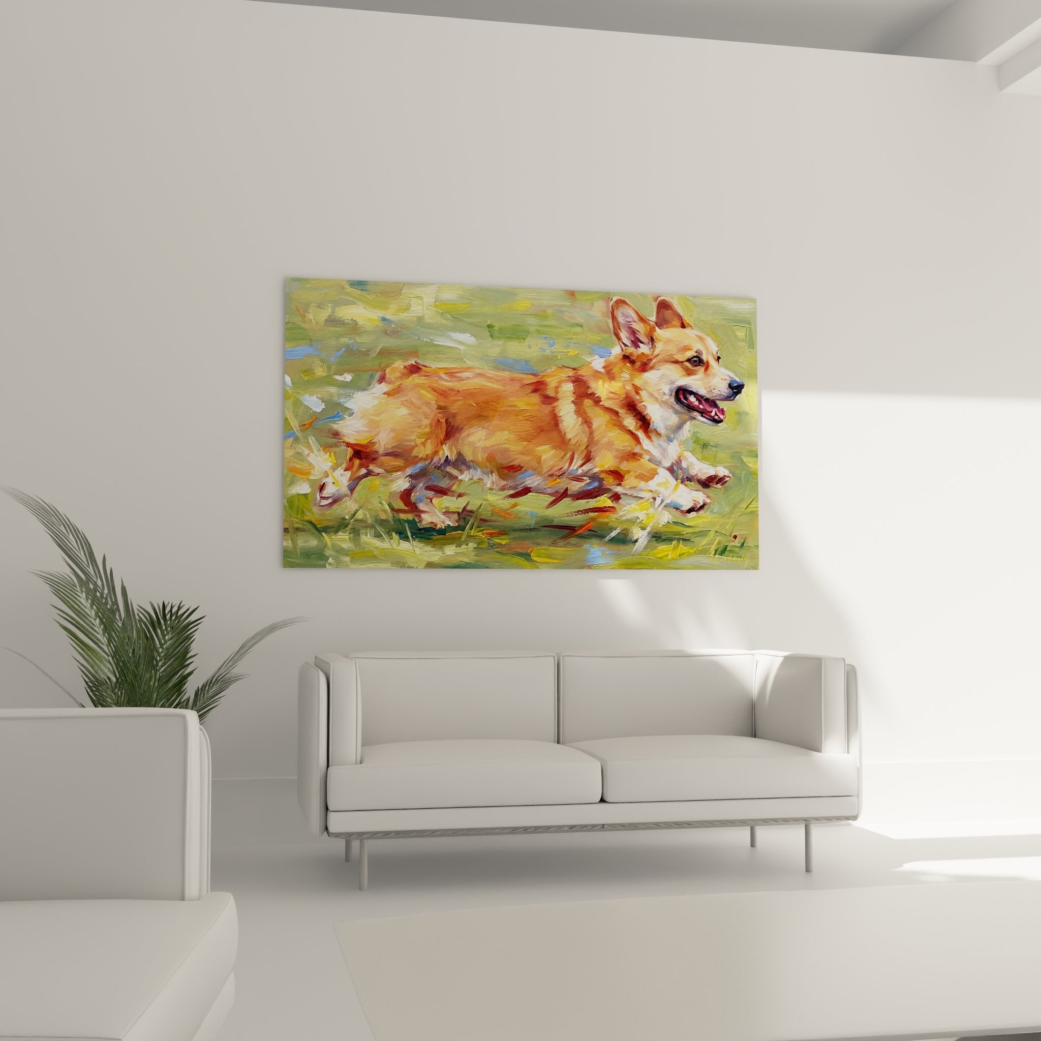 Corgi Pembroke Gemäldedetail, Impasto-Reliefstruktur rotbraunes Fell, sichtbare expressionistische Technik