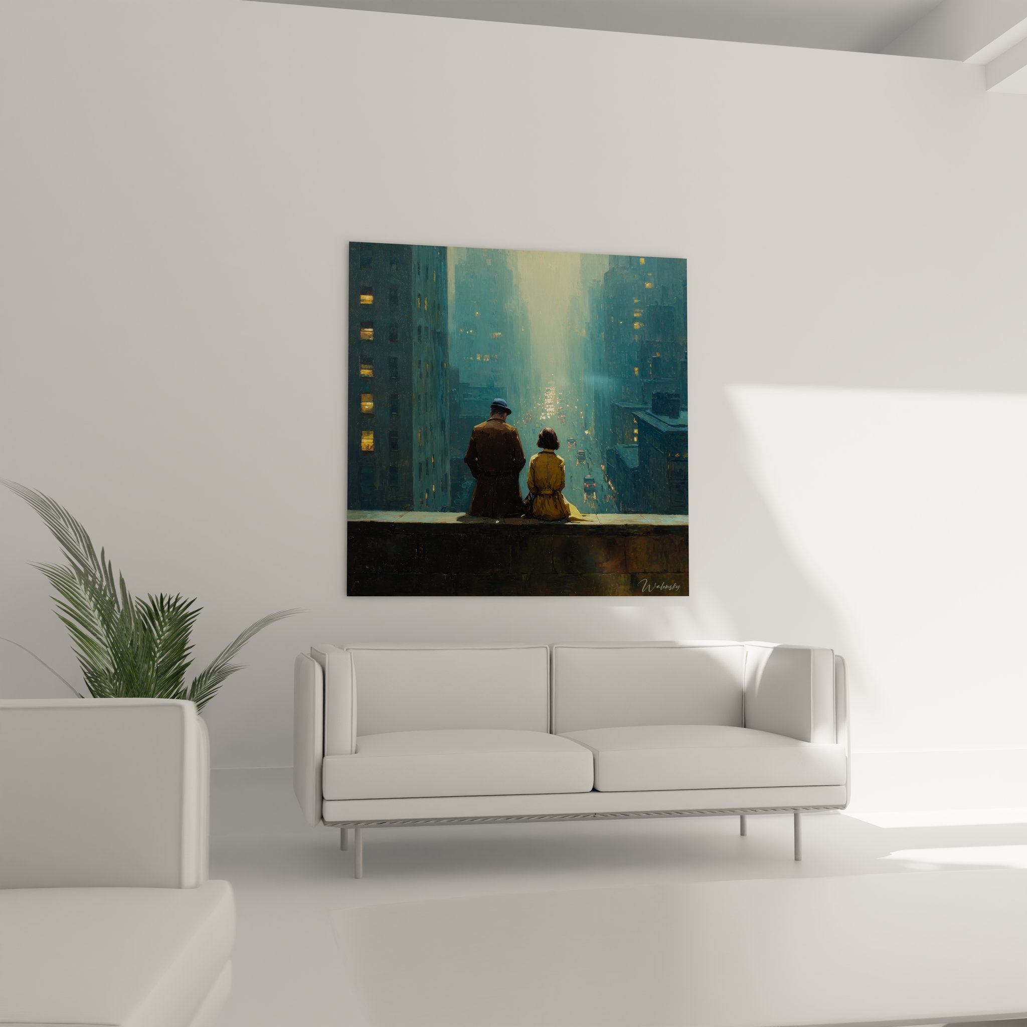 Détail tableau urbain New York, technique peinture couple contemplation nocturne, lumières dorées ville