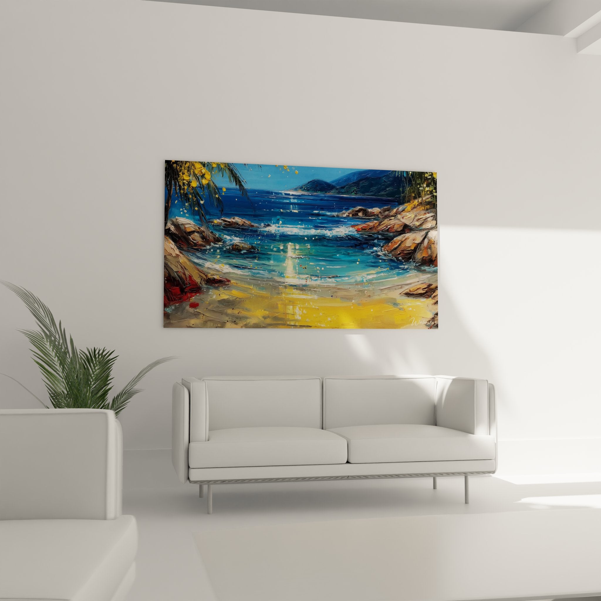 Détail peinture crique tropicale, technique picturale eaux turquoise et sable doré