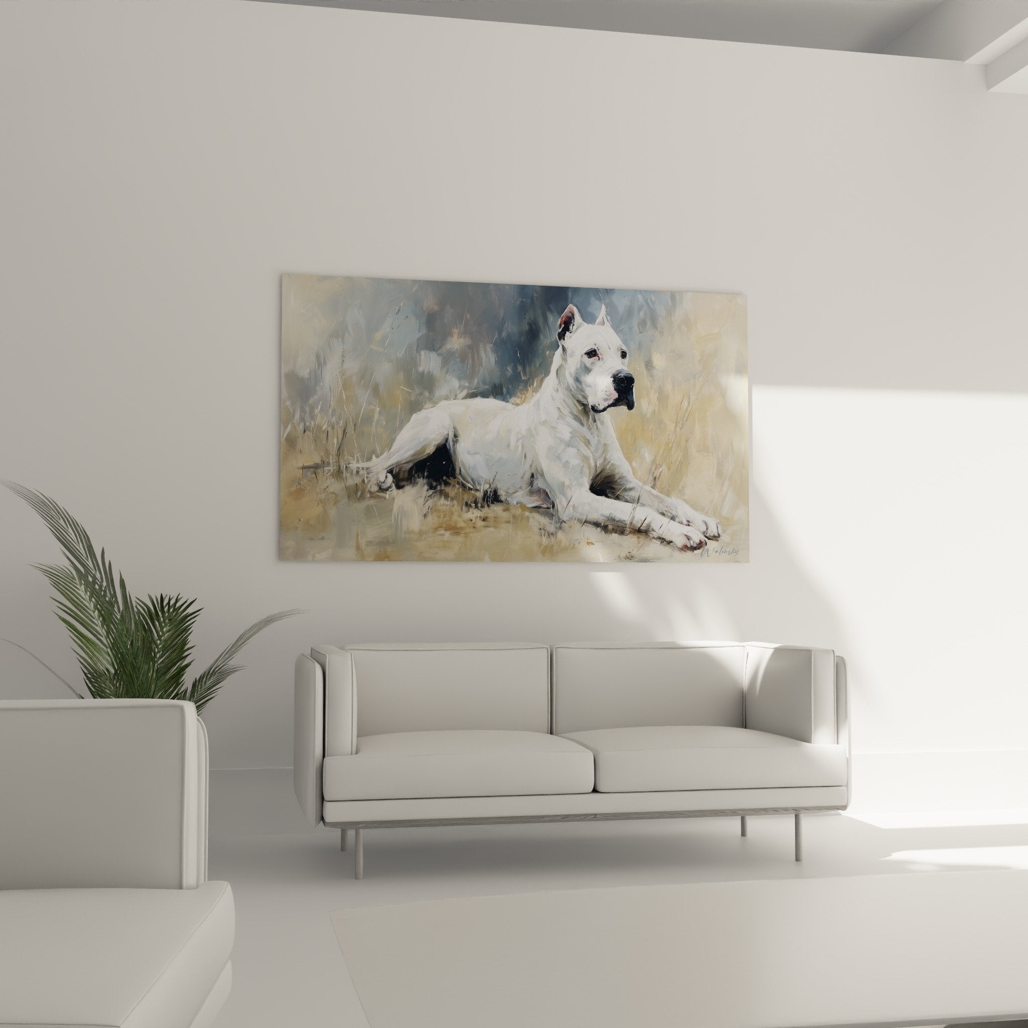 Detail peinture Dogue Argentin blanc coups pinceau texture picturale regard attentif tons poudrés