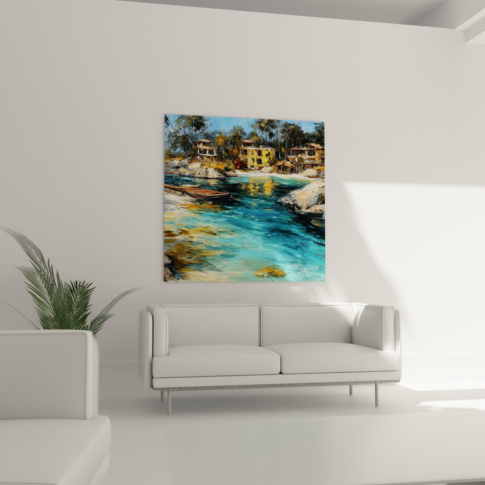 Détail peinture crique tropicale montrant les reflets dorés sur l'eau turquoise transparente