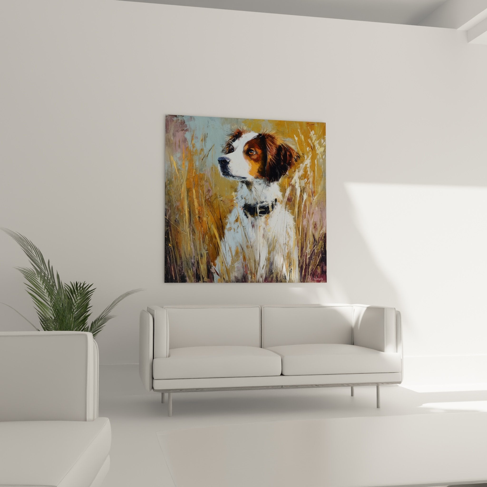 Détail peinture épagneul breton pelage tricolore coups pinceau expressifs technique impressionniste portrait canin
