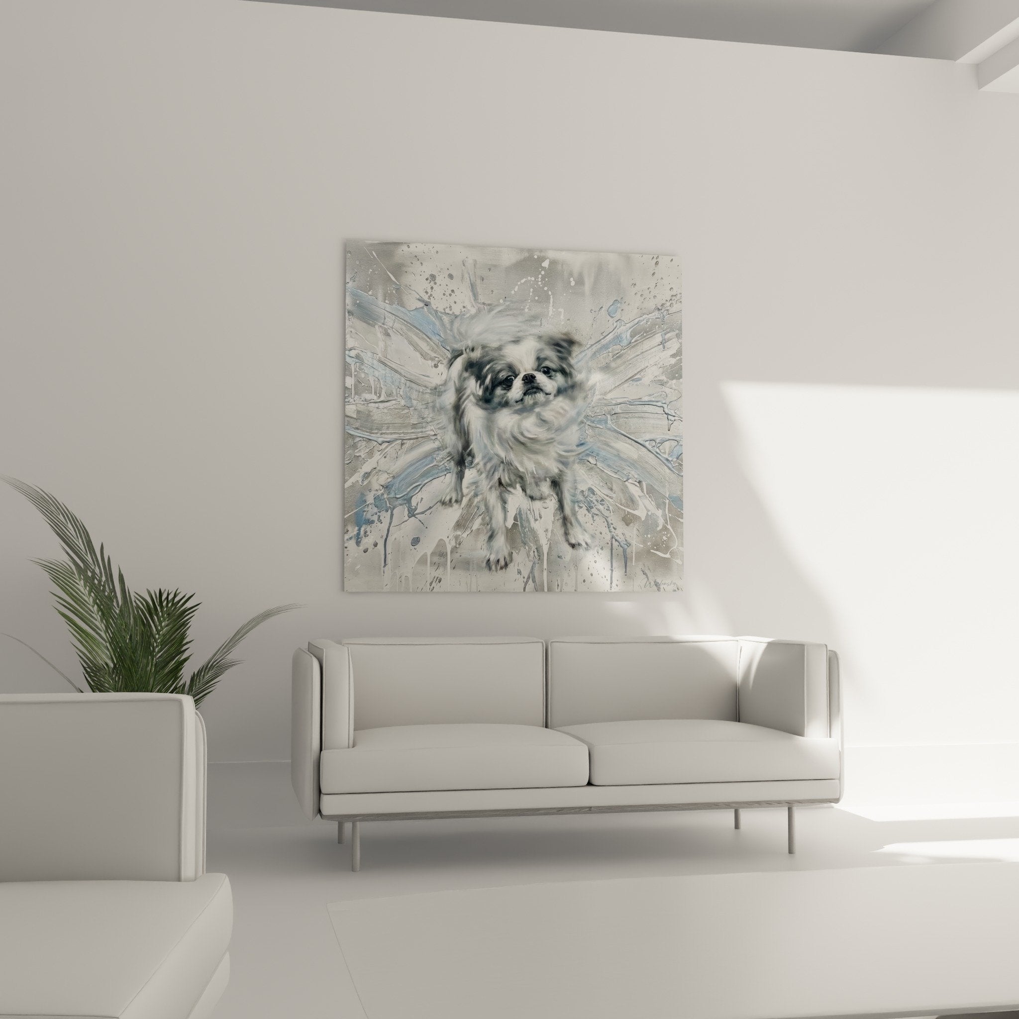 Detail peinture epagneul japonais projections eau bleue grise texture artistique contemporaine