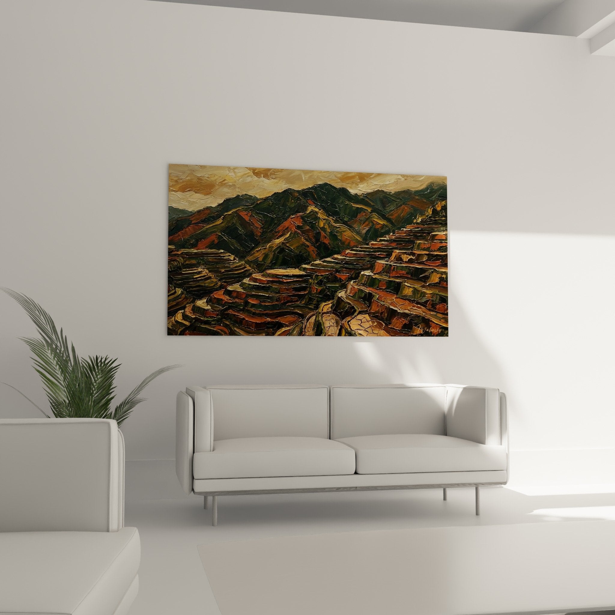 Détail peinture épaisse rizières terrasses relief matière picturale ocre vert olive empâtements couleurs