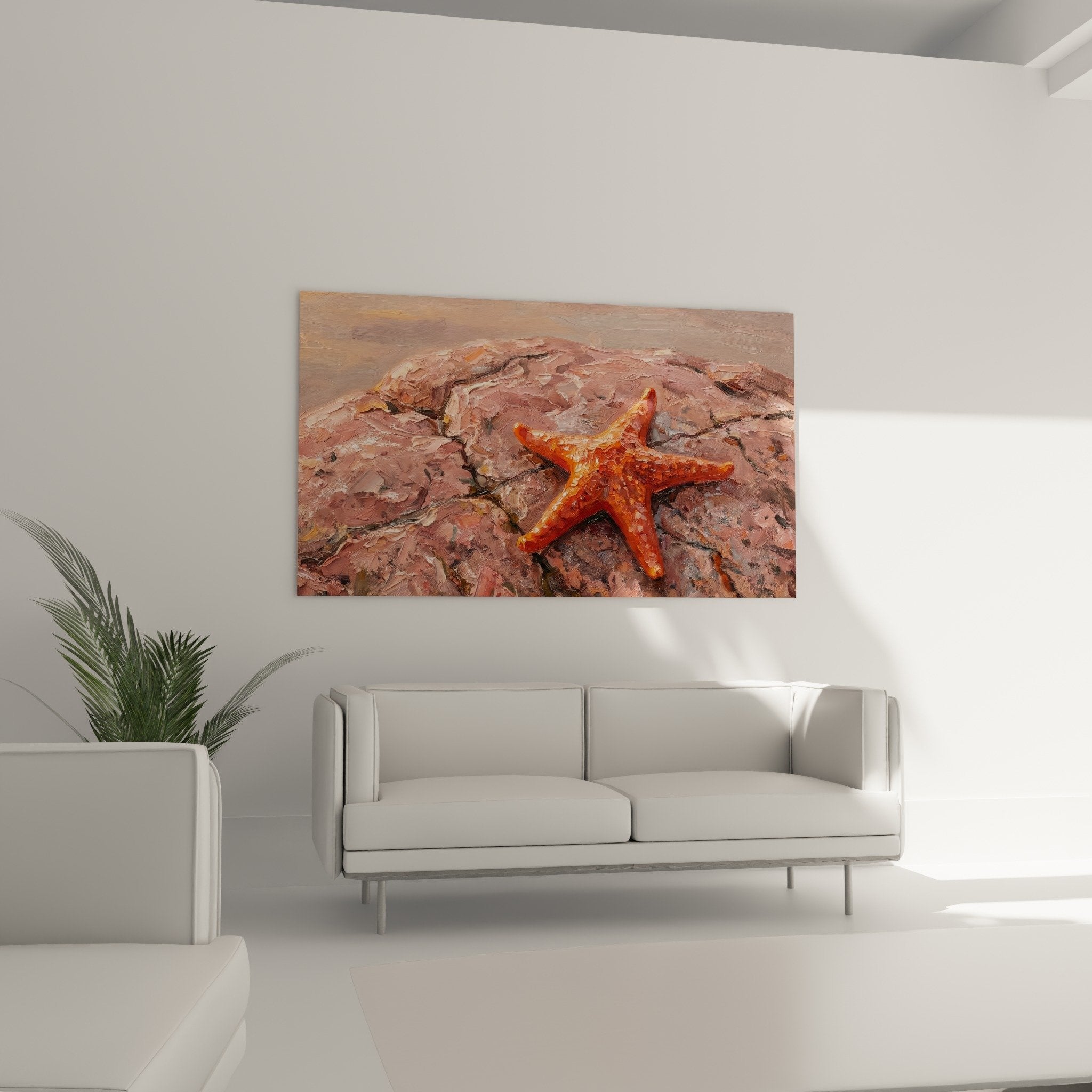 Détail peinture étoile de mer, texture épaisse orange vif sur fond rocheux rose impressionniste