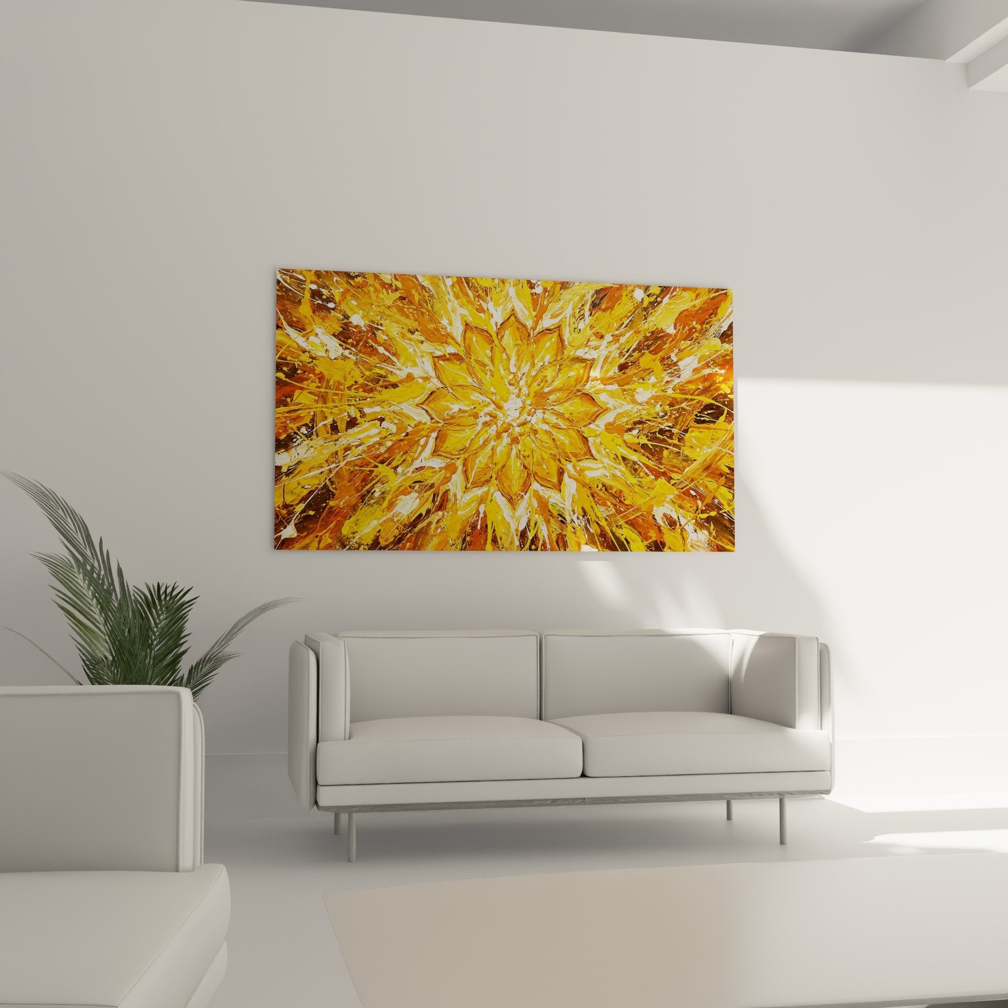 Detailansicht goldene Blütenexplosion Gemälde weiße Spritzertechnik Chakren zeitgenössische Kunst