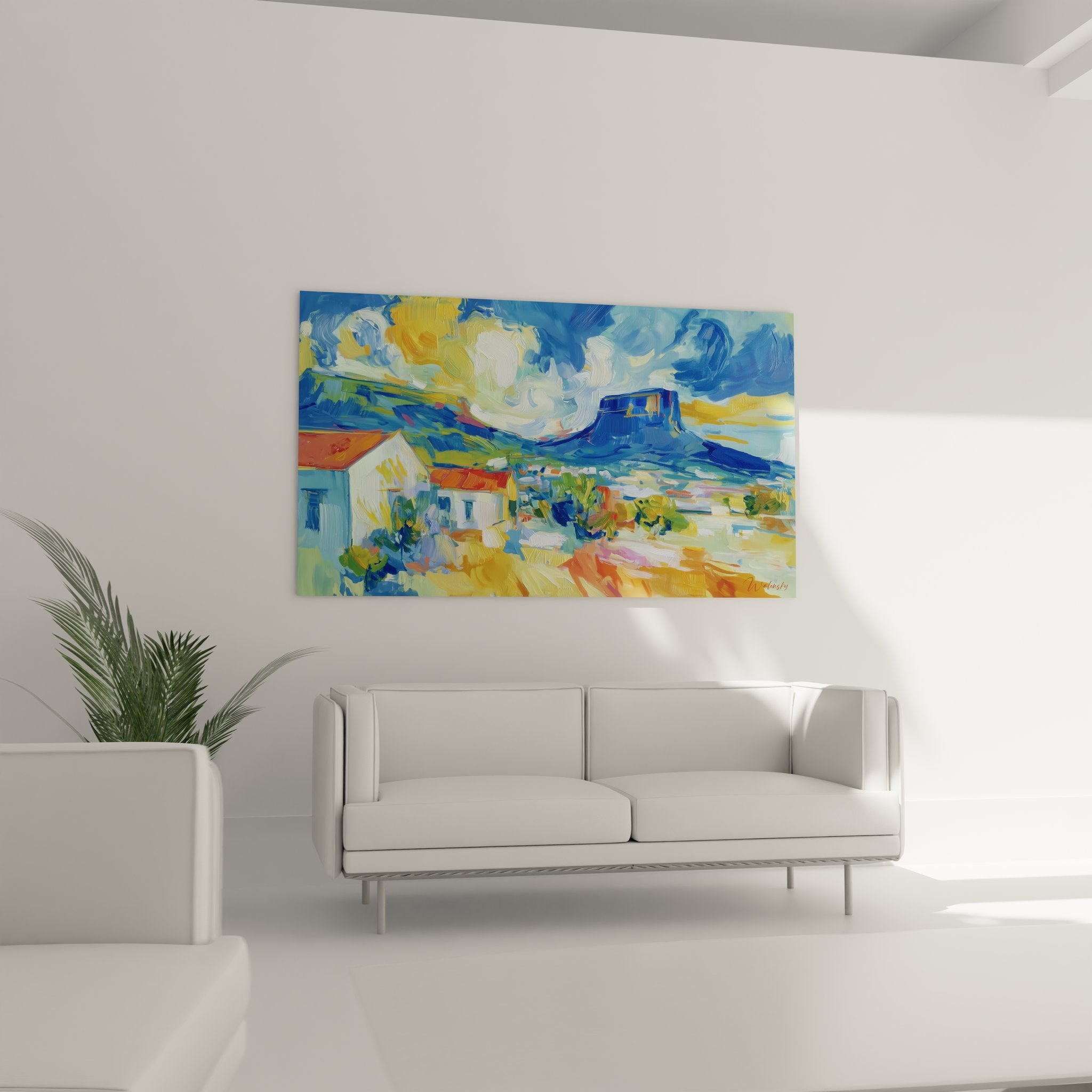 Détail technique peinture village alpin avec coups de pinceau expressifs