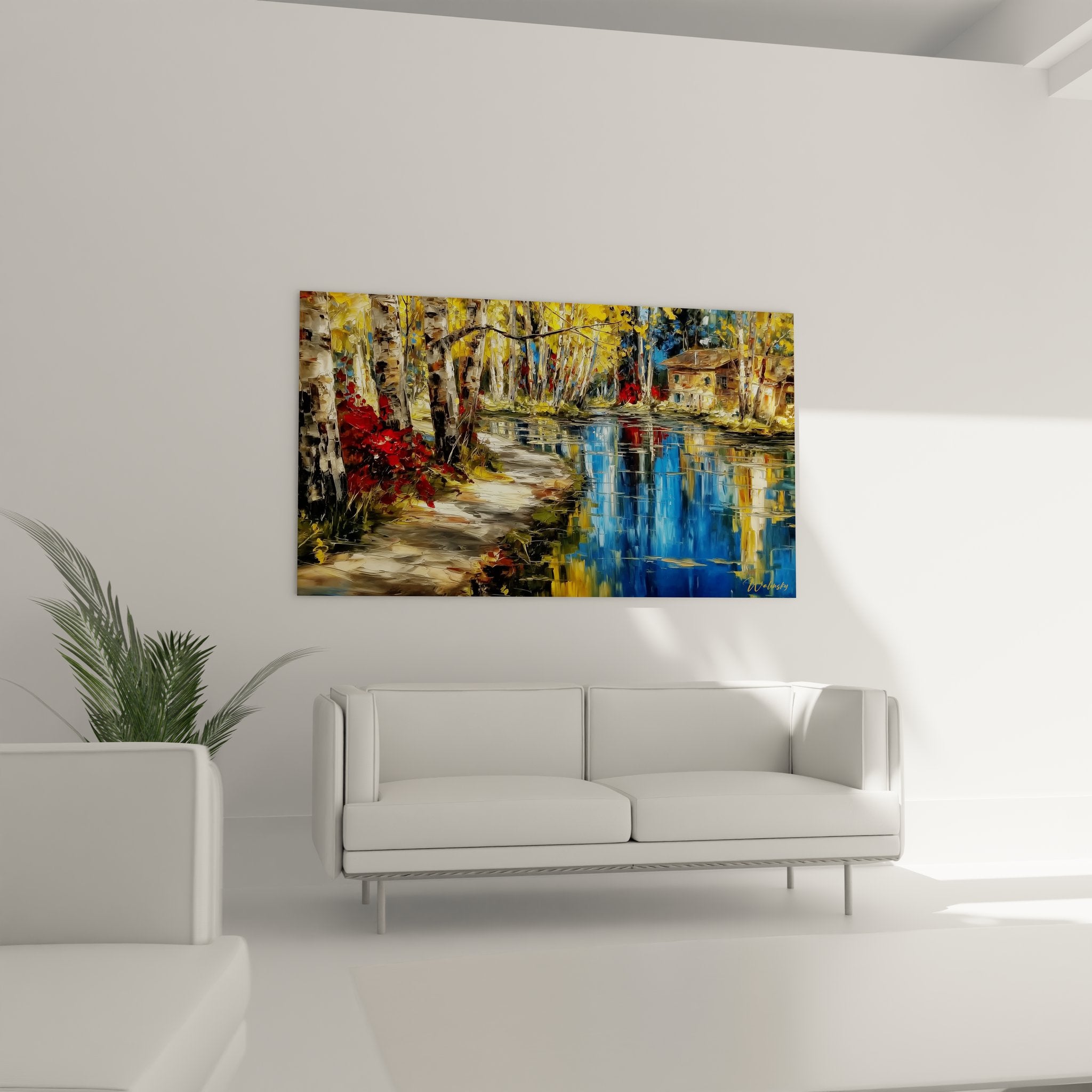Détail peinture paysage automnal montrant feuillage rouge écarlate et écorces de bouleaux blancs