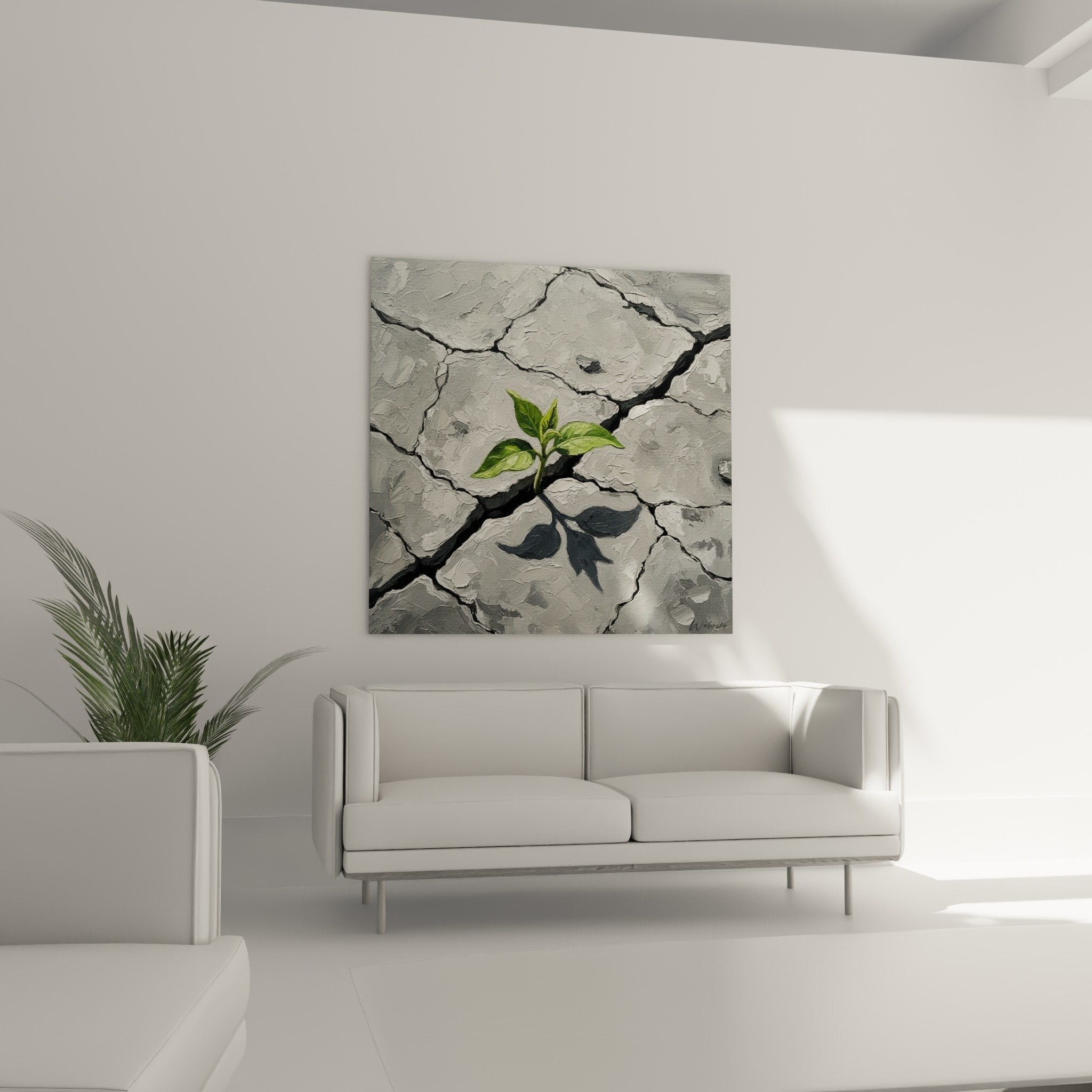 Détail rapproché peinture feuilles vertes tendres texture pierre grise craquelée fissures noires art contemplatif