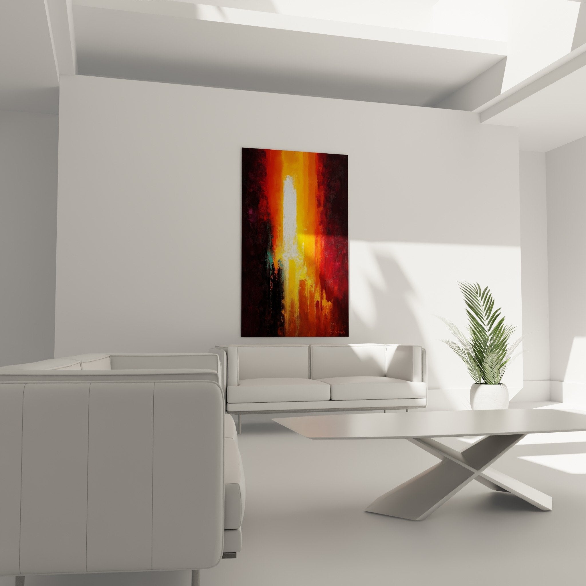 Abstract painting detail white flames texture impasto strokes orange burgundy contemporary art feng shui