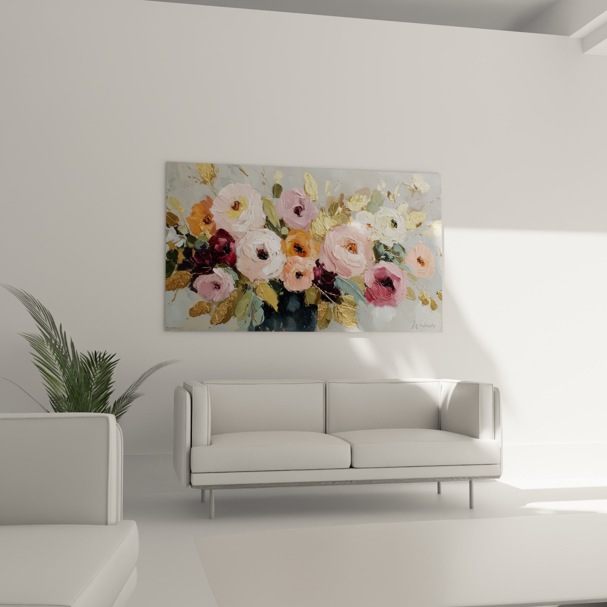 Détail peinture florale roses et dorés, technique empâtement, fleurs délicates feng shui sud-ouest terre