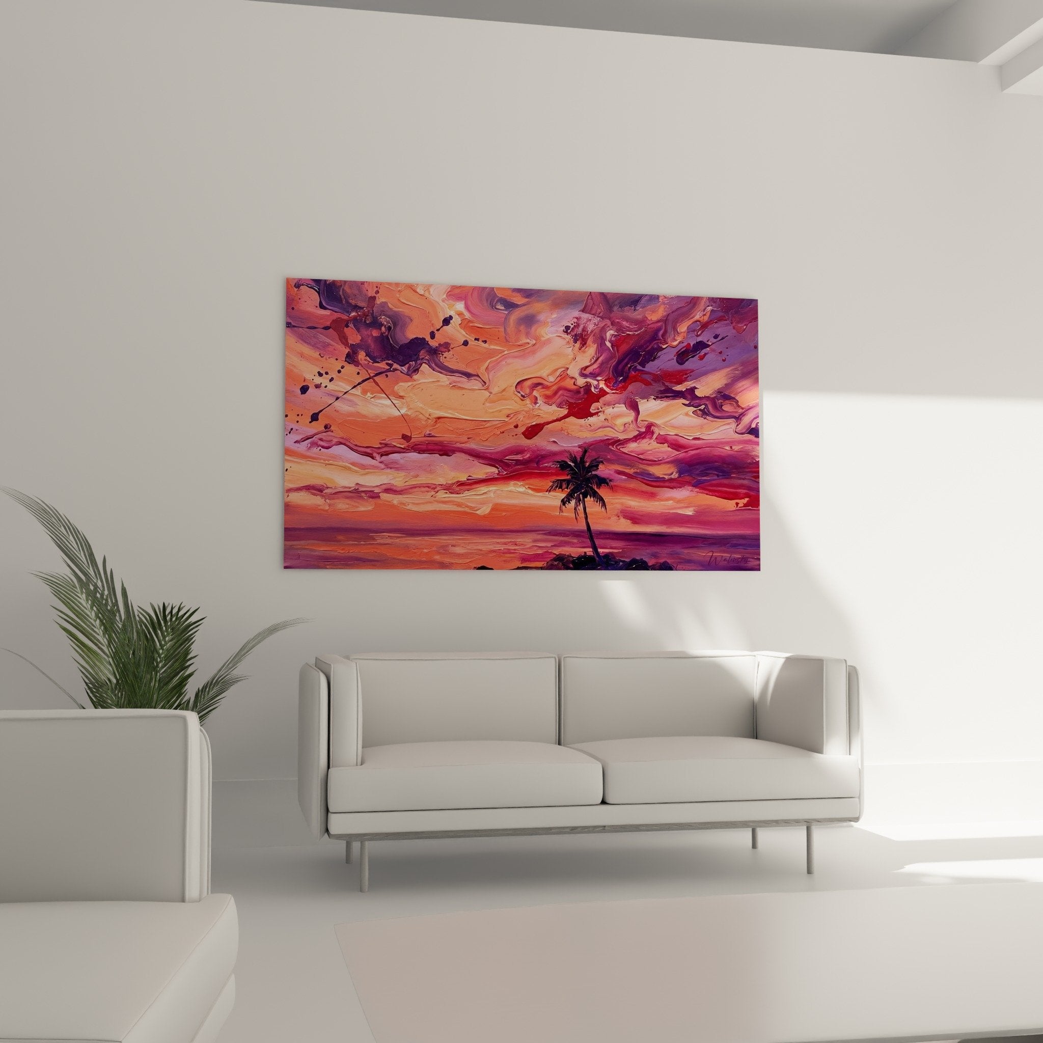 fluid painting detail purple sky orange swirling clouds tropical artwork