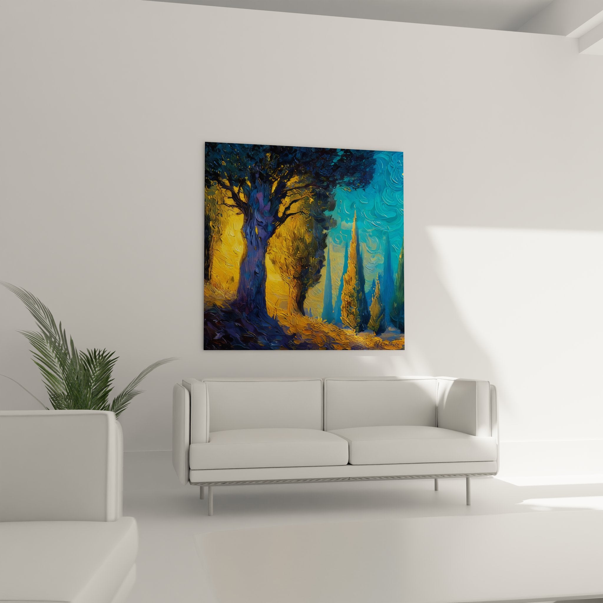 Détail gros plan tableau peinture forêt avec empâtements colorés bleus et dorés expressionnistes