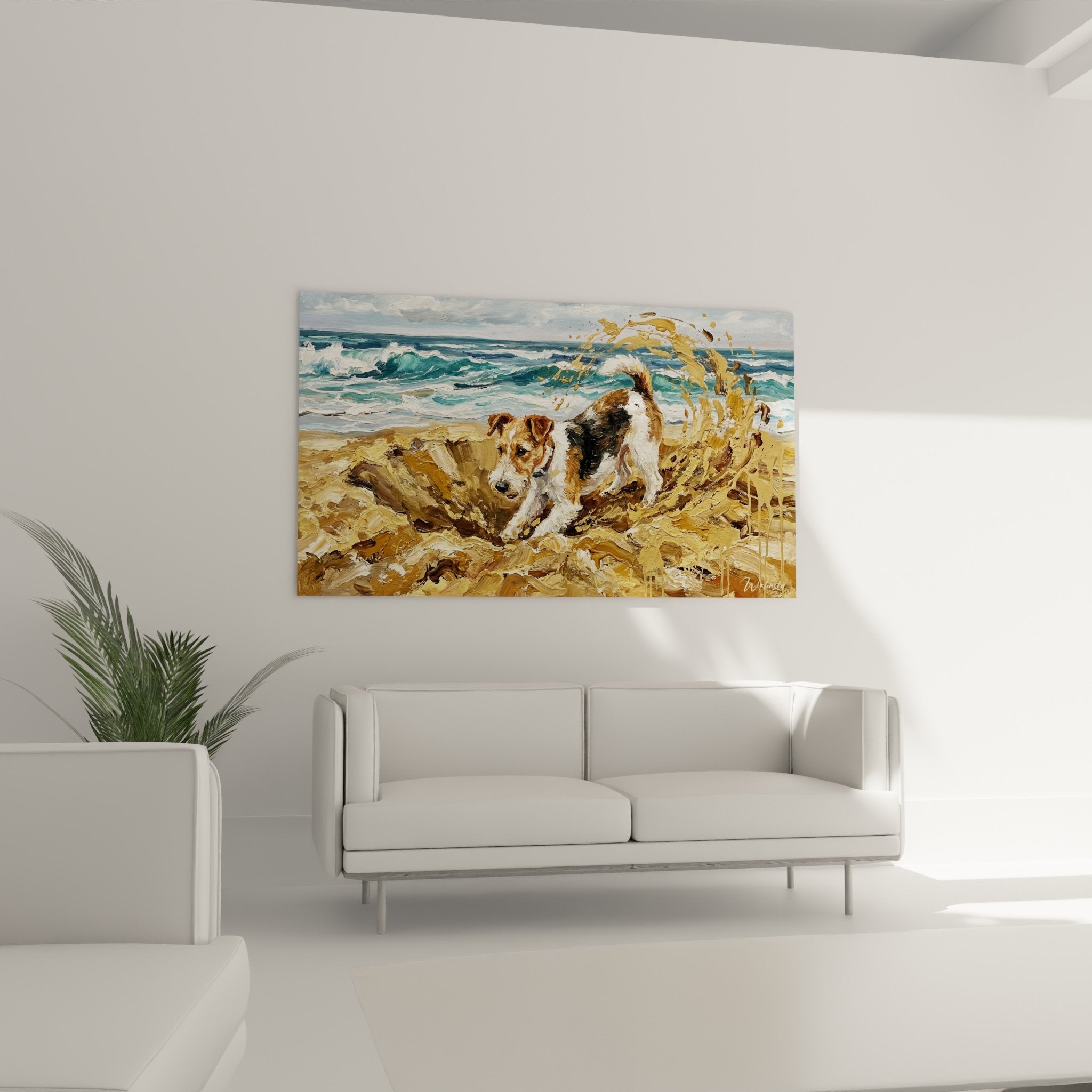 Détail peinture fox terrier sable texture empâtement technique picturale chien fouille plage