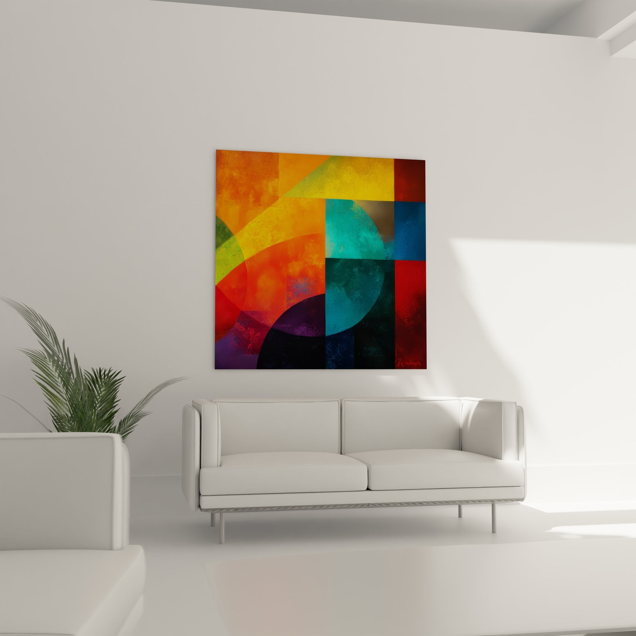 Détail rapproché peinture géométrique abstraite montrant textures et superpositions de couleurs vibrantes