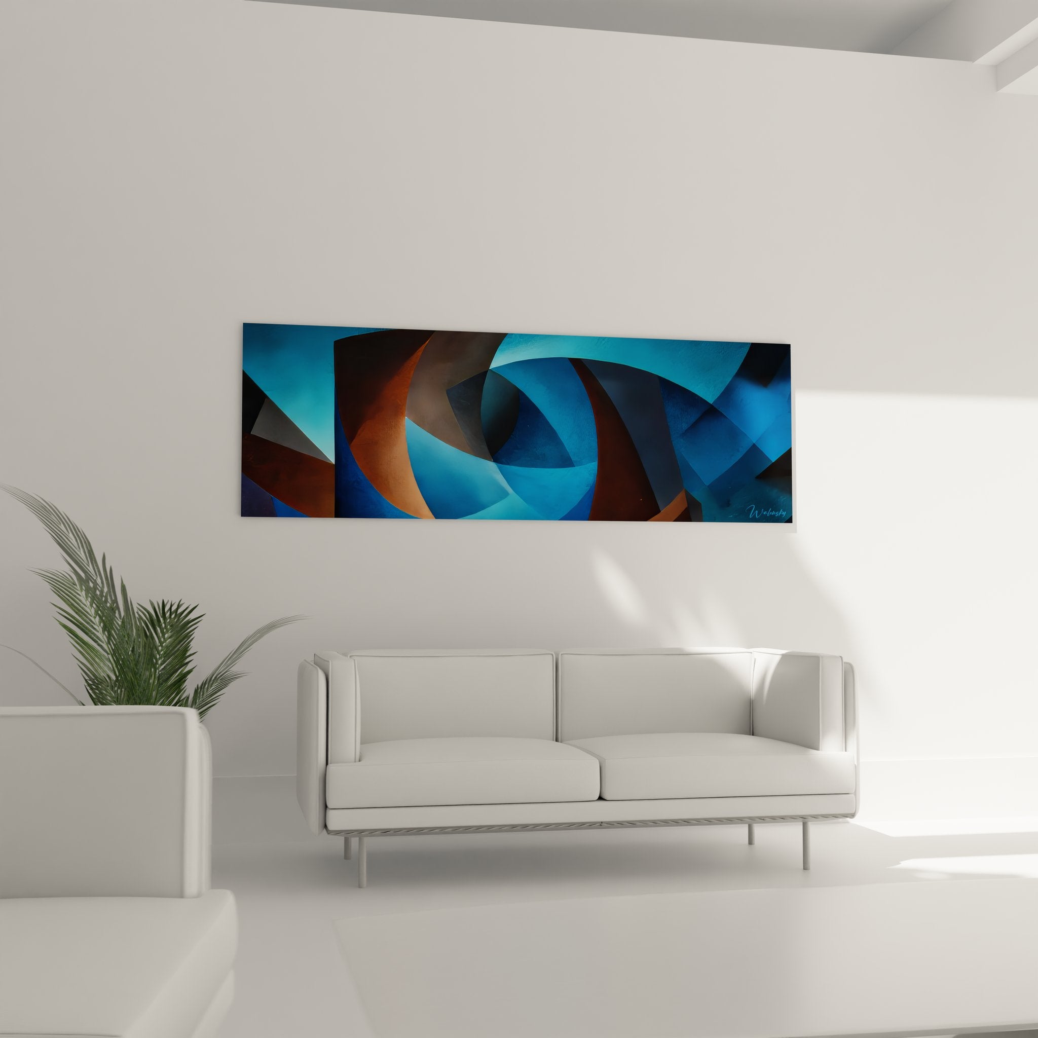 Détail rapproché peinture géométrique abstraite textures courbes bleues nuances dégradés