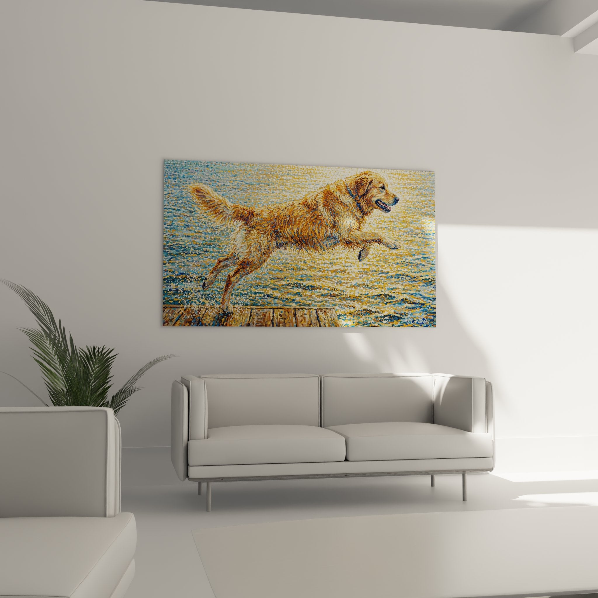 Gemäldedetail Golden Retriever Tauchgang goldene Spritzer Maltechnik Wasserreflexe