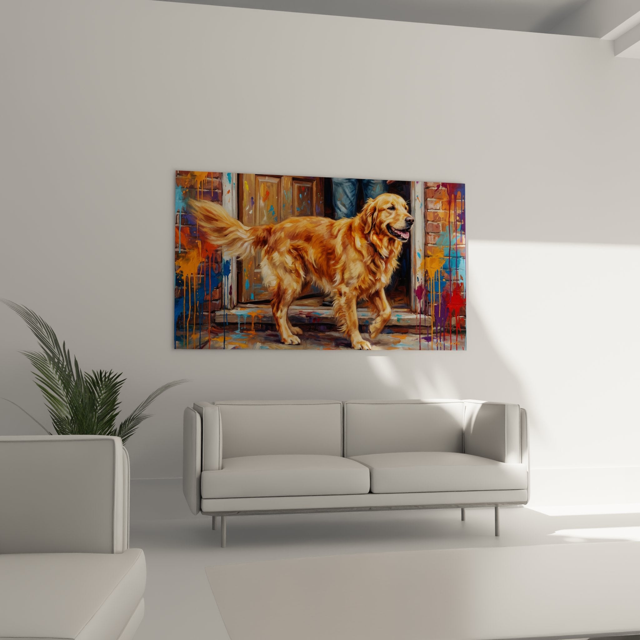 Nahaufnahme eines Golden Retriever Gemäldes mit goldenem Fell und blauen und orangefarbenen Farbläufen