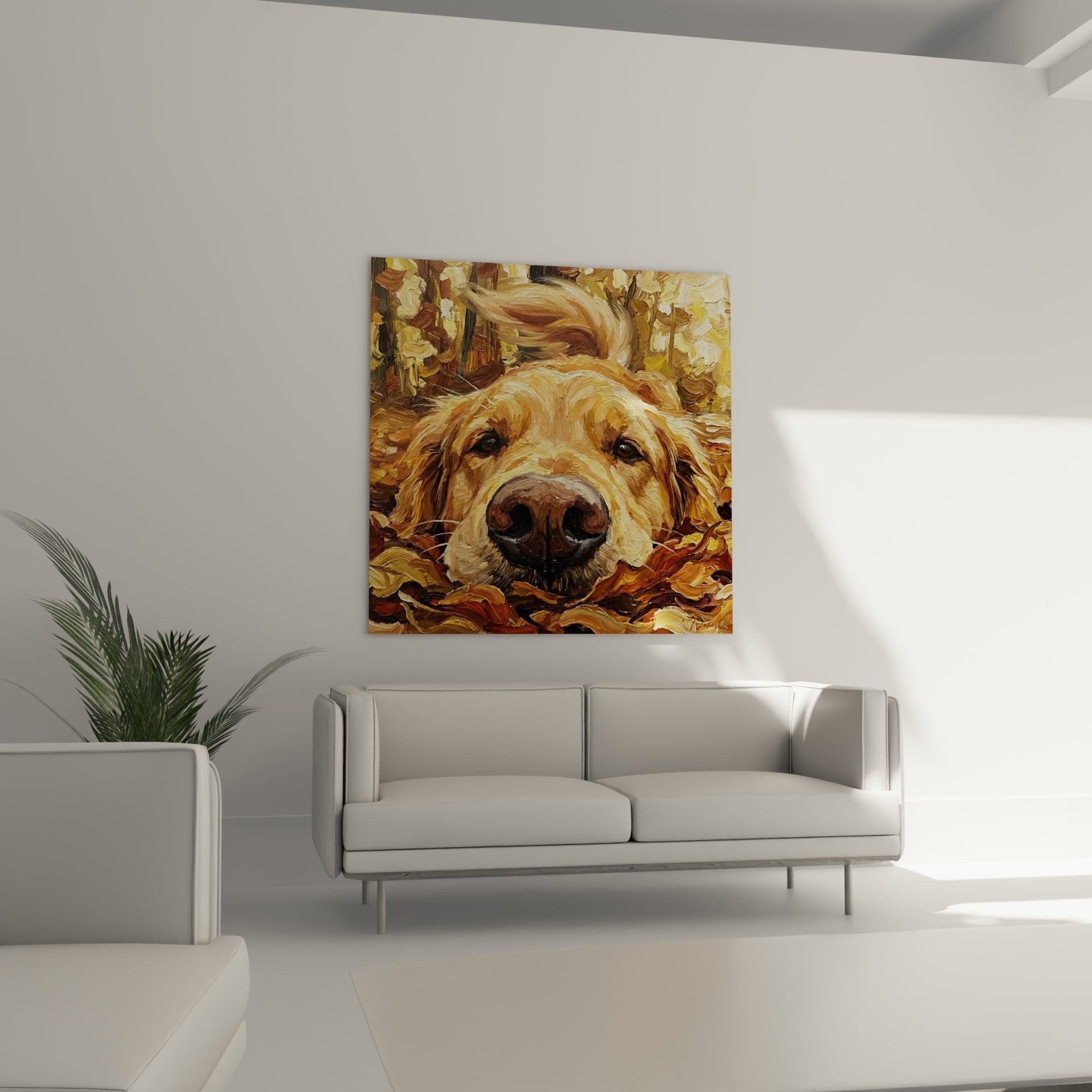 Détail peinture empâtement golden retriever pelage doré technique relief museau noir