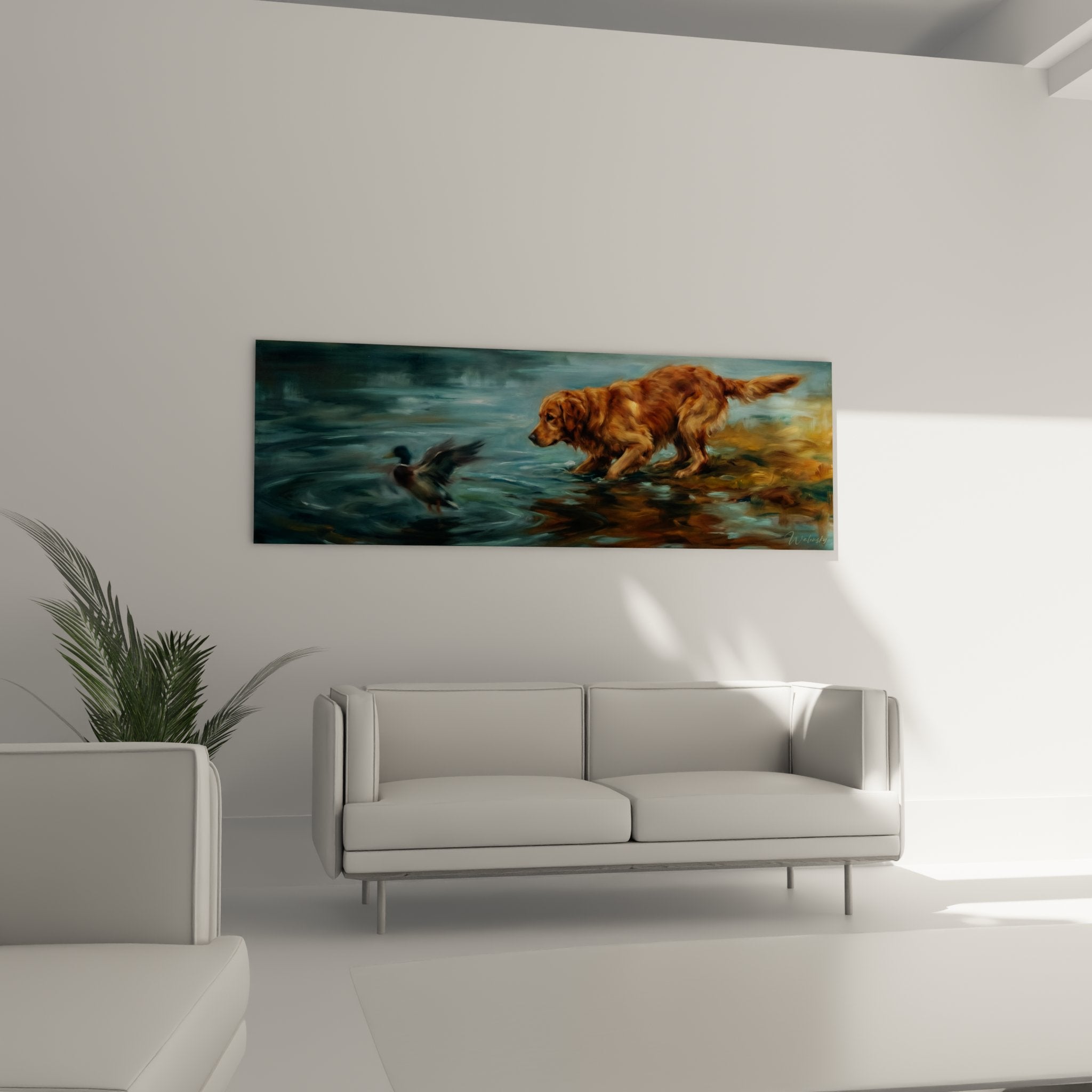 Detail peinture golden retriever pelage roux dore reflets eau bleue technique impressionniste