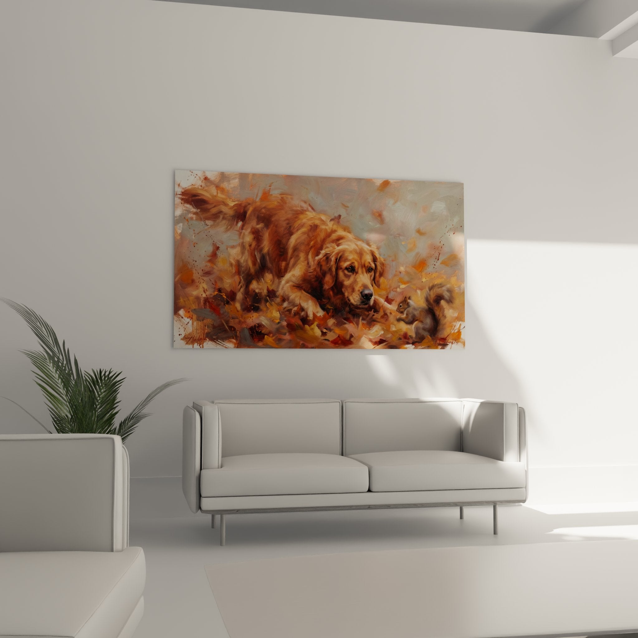 Golden retriever painting detail tender gaze golden coat expressive brushstroke texture autumn