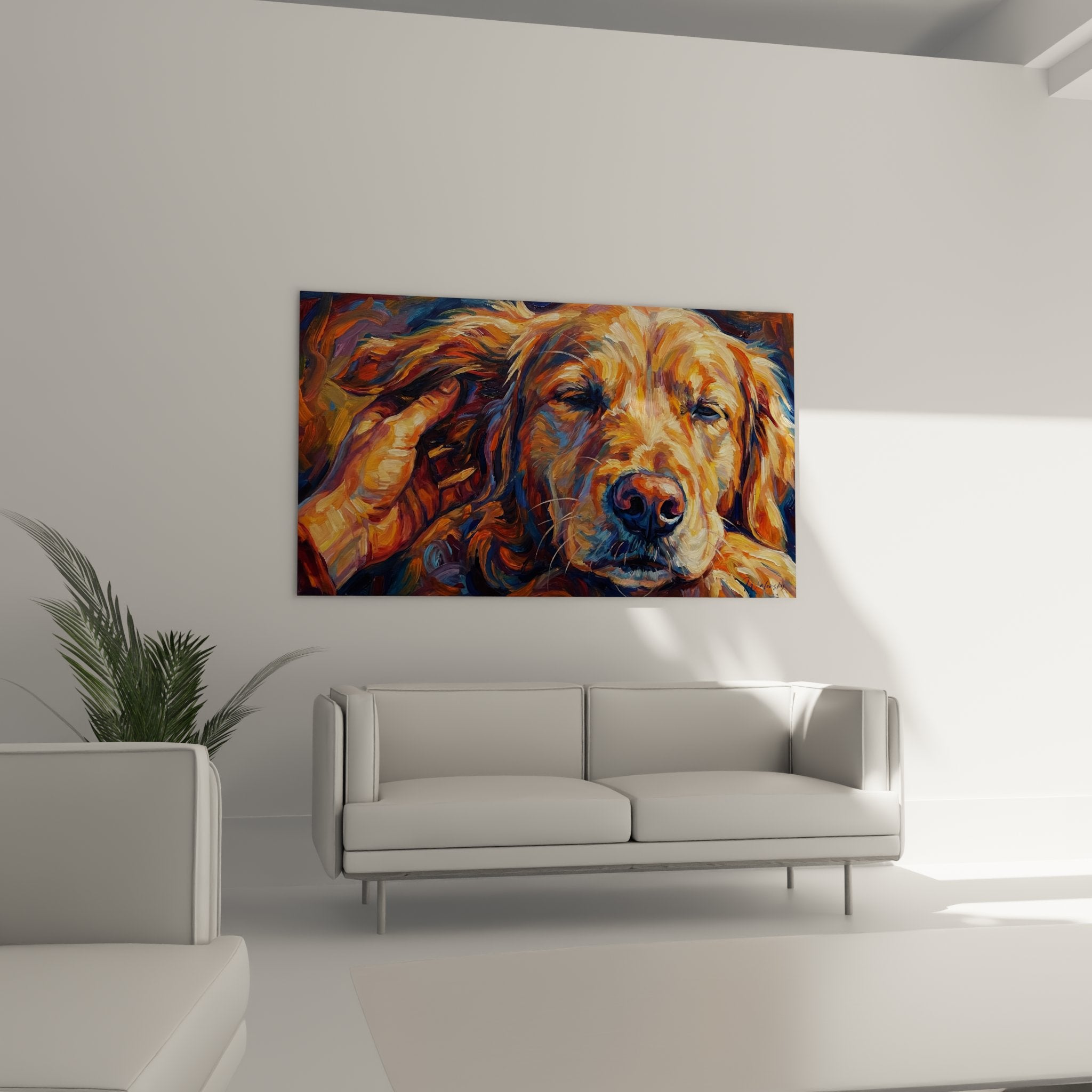 Dettaglio pittura golden retriever mantello dorato colpi di pennello espressivi tecnica artistica sfumature blu luce