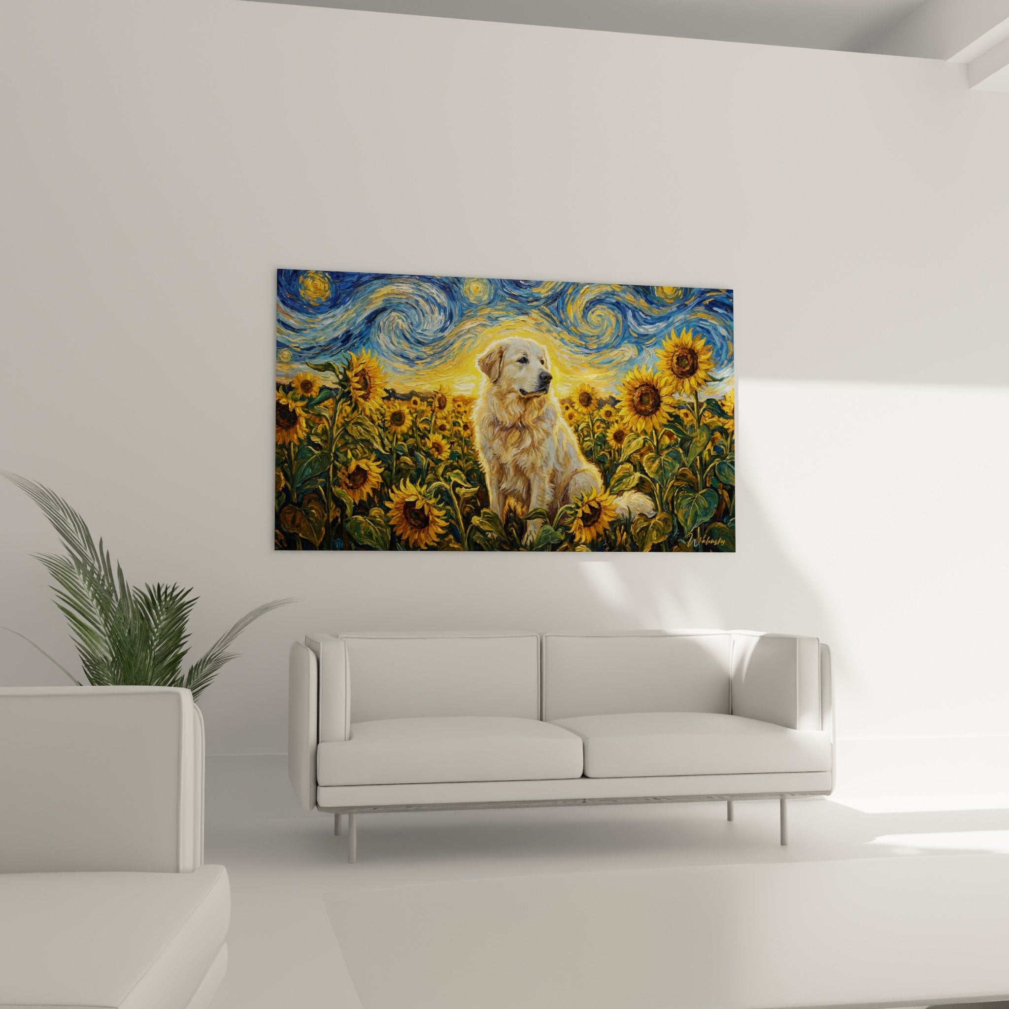 Détail peinture chien aux yeux doux entouré de tournesols jaunes aux pétales texturés technique expressive