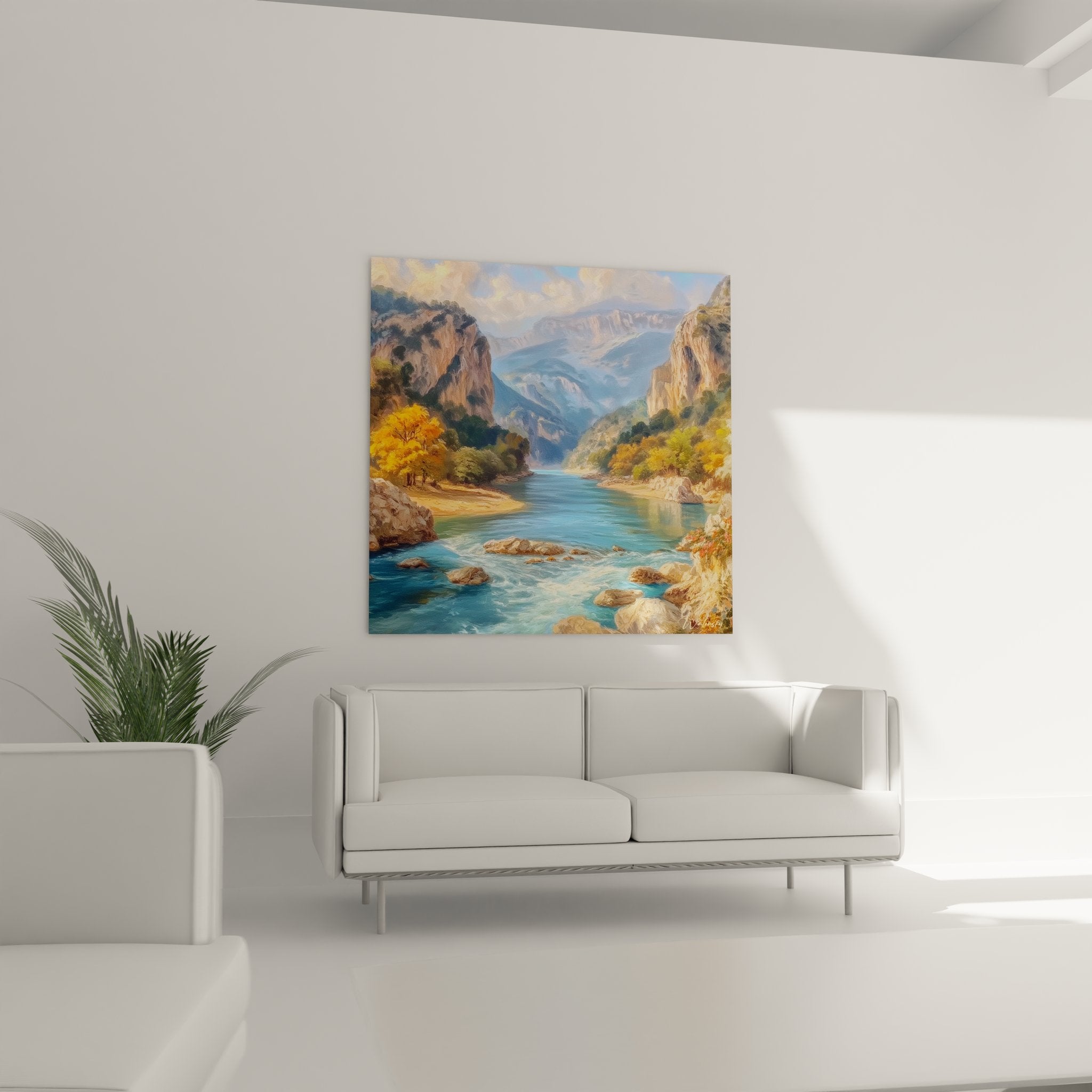Détail tableau peinture gorges canyon rivière eaux cristallines rochers végétation dorée