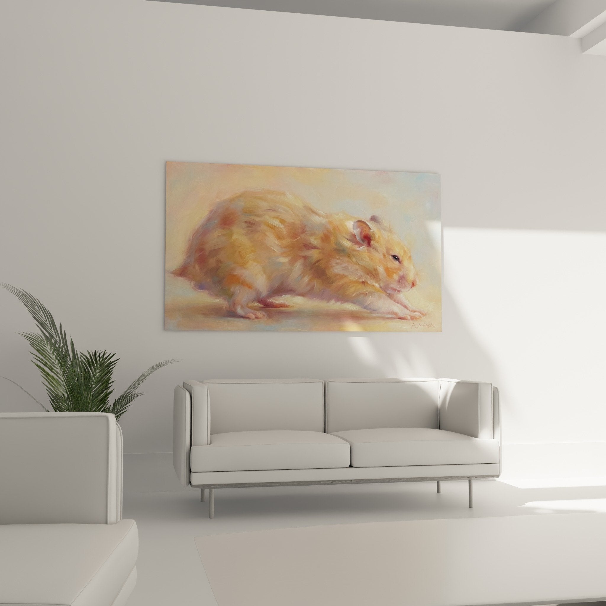 Detail des Hamster-Gemäldes, das die kupferfarbenen Nuancen des Fells und die impressionistische Technik zeigt