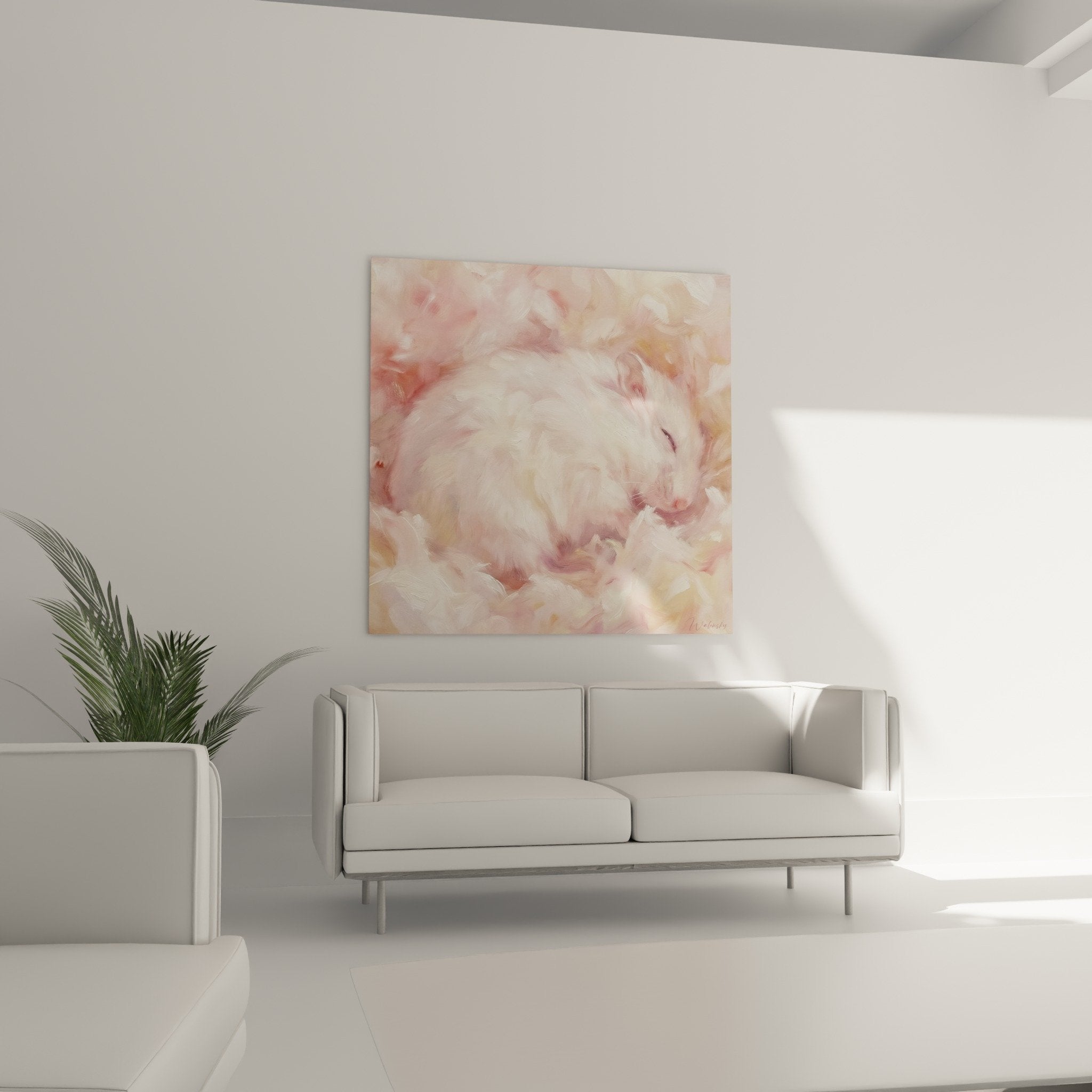 detail peinture hamster blanc texture pelage duveteux coups pinceau roses tendres