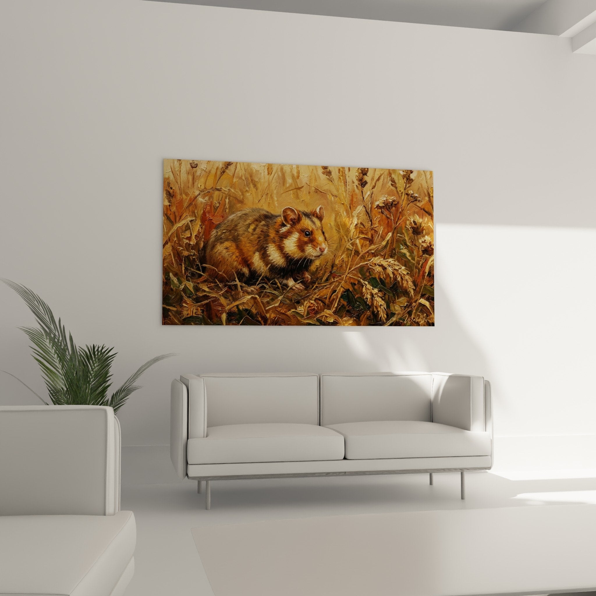 Détail peinture hamster pelage roux réaliste, technique picturale minutieuse végétation ambrée