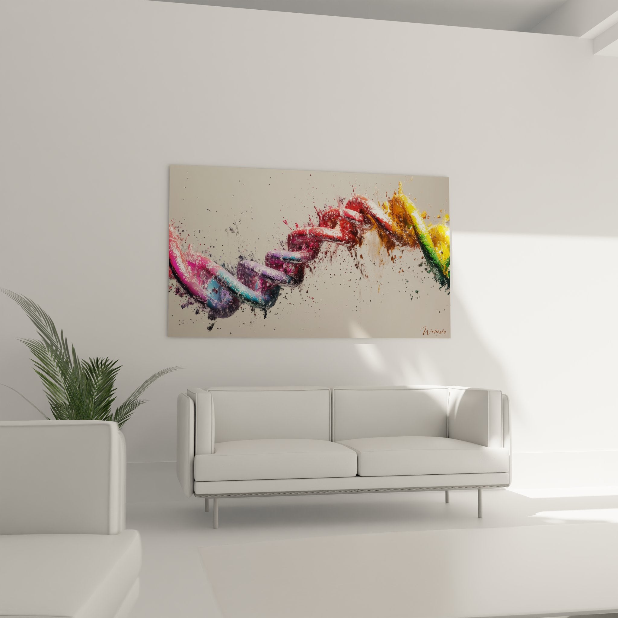 Gros plan texture peinture hélice ADN avec éclaboussures multicolores détaillées