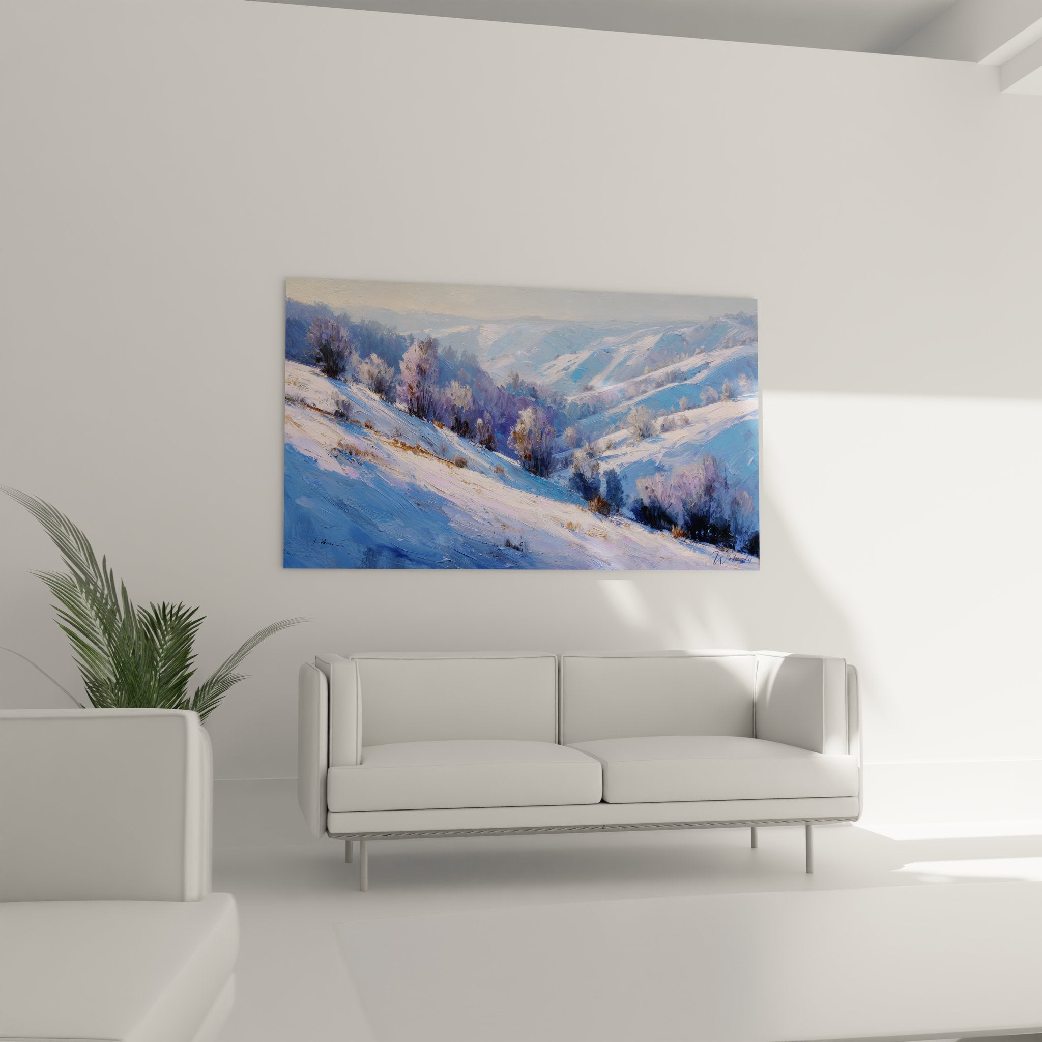 Détail gros plan tableau peinture hivernale montrant technique picturale neige et végétation