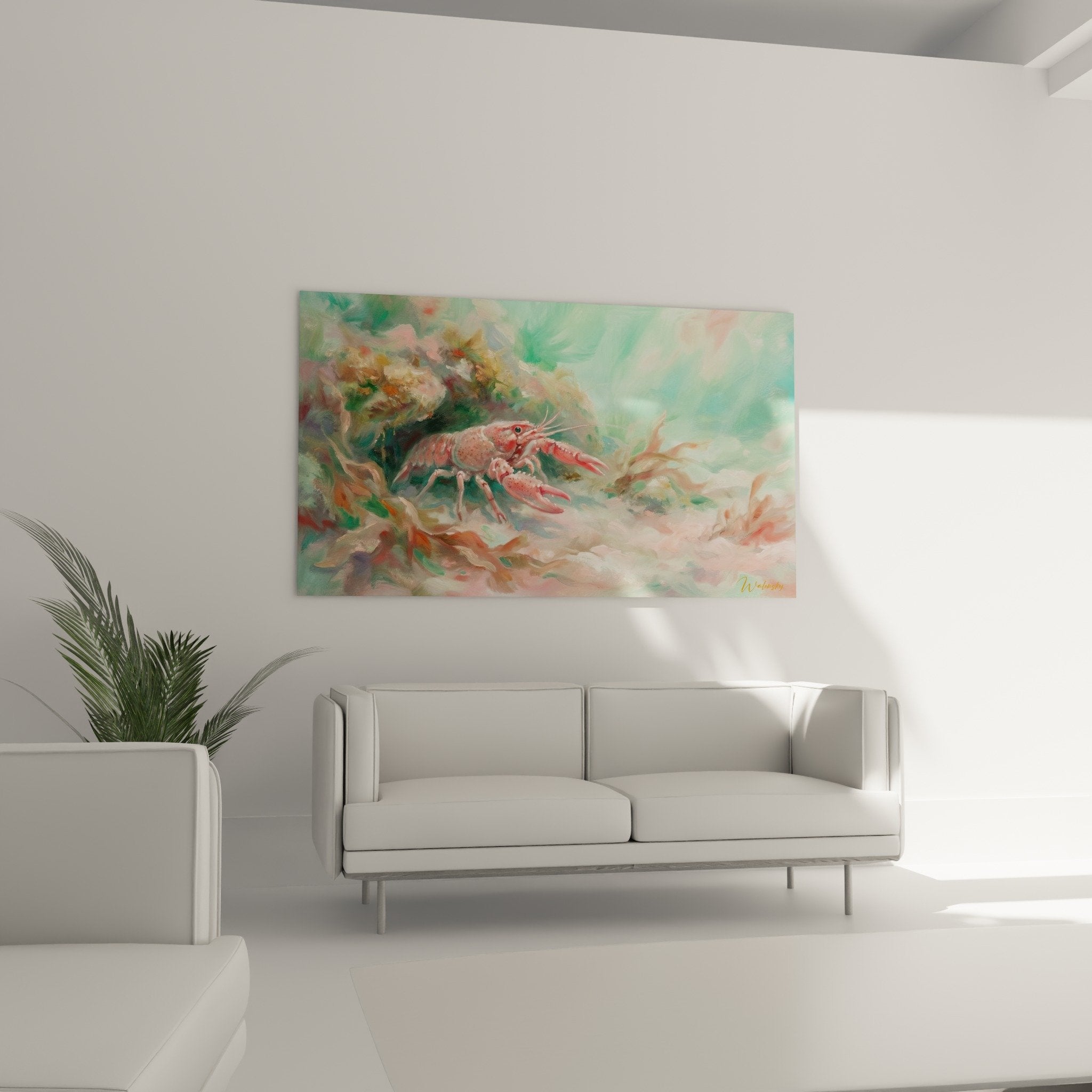 Detailansicht Gemälde rote Hummer Scheren Fühler impressionistische Technik ozeanische Farben