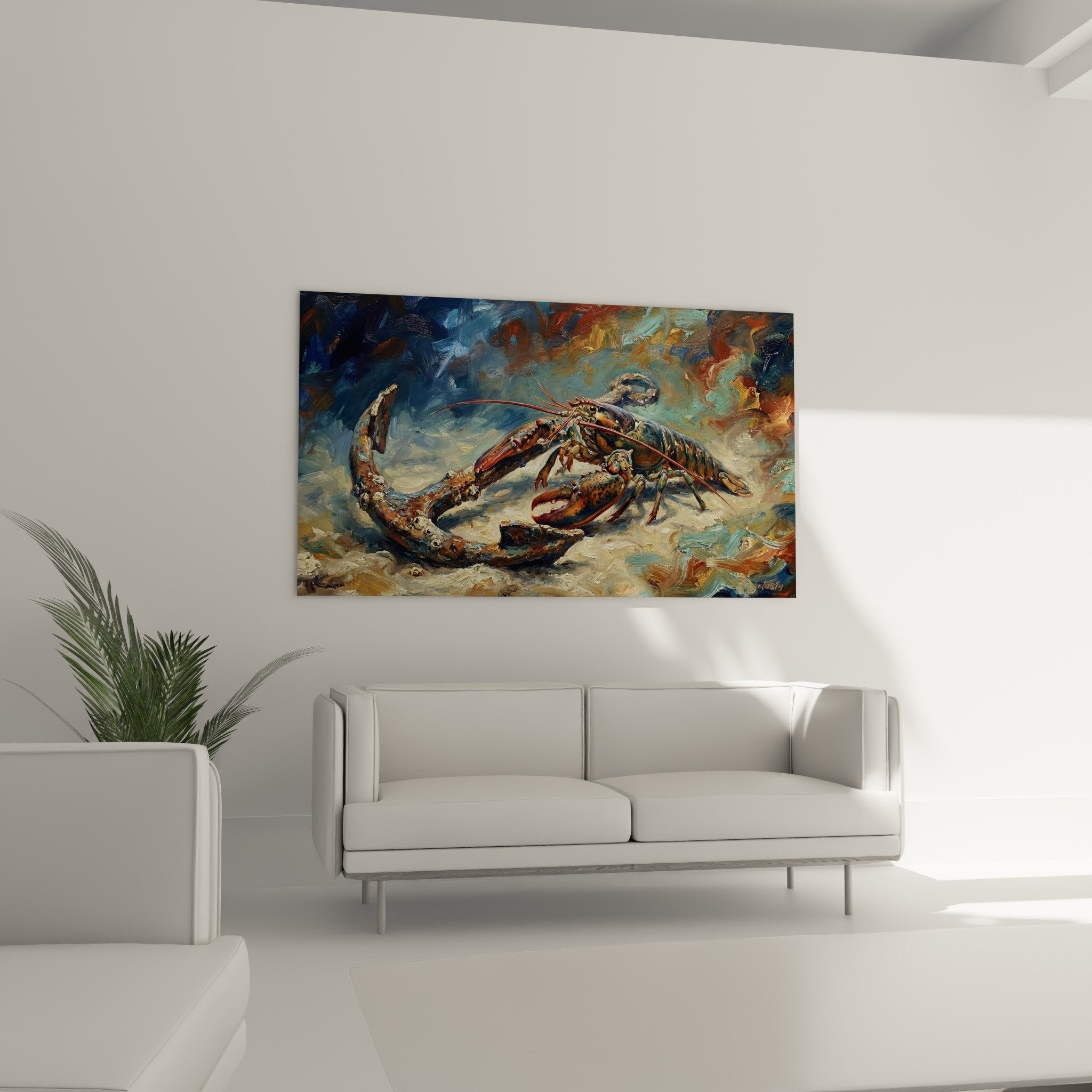 Nahaufnahme des Hummergemäldes mit Impasto-Texturen und goldenen Reflexen auf dem Panzer